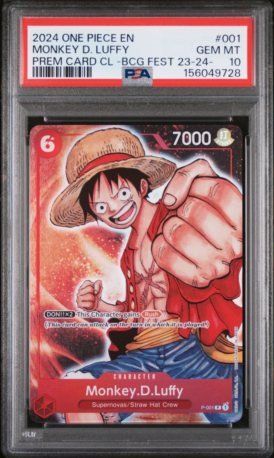 2024 One Piece Premium Card Collection -Bandai Card Games Fest 23-24 Edition- Monkey D. Luffy #001 Gem Mt 10 front view - PSA graded GEM MT 10