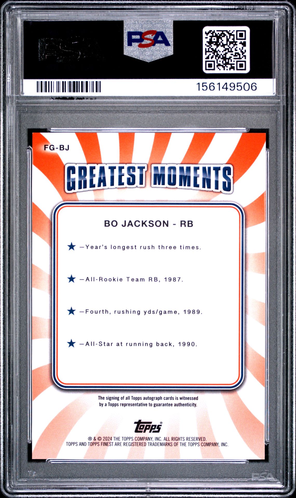 2024 Topps Finest Finest Greats Autographs Bo Jackson #Fgbj (Finest Greats Au-Black Ref) Mint 9 back