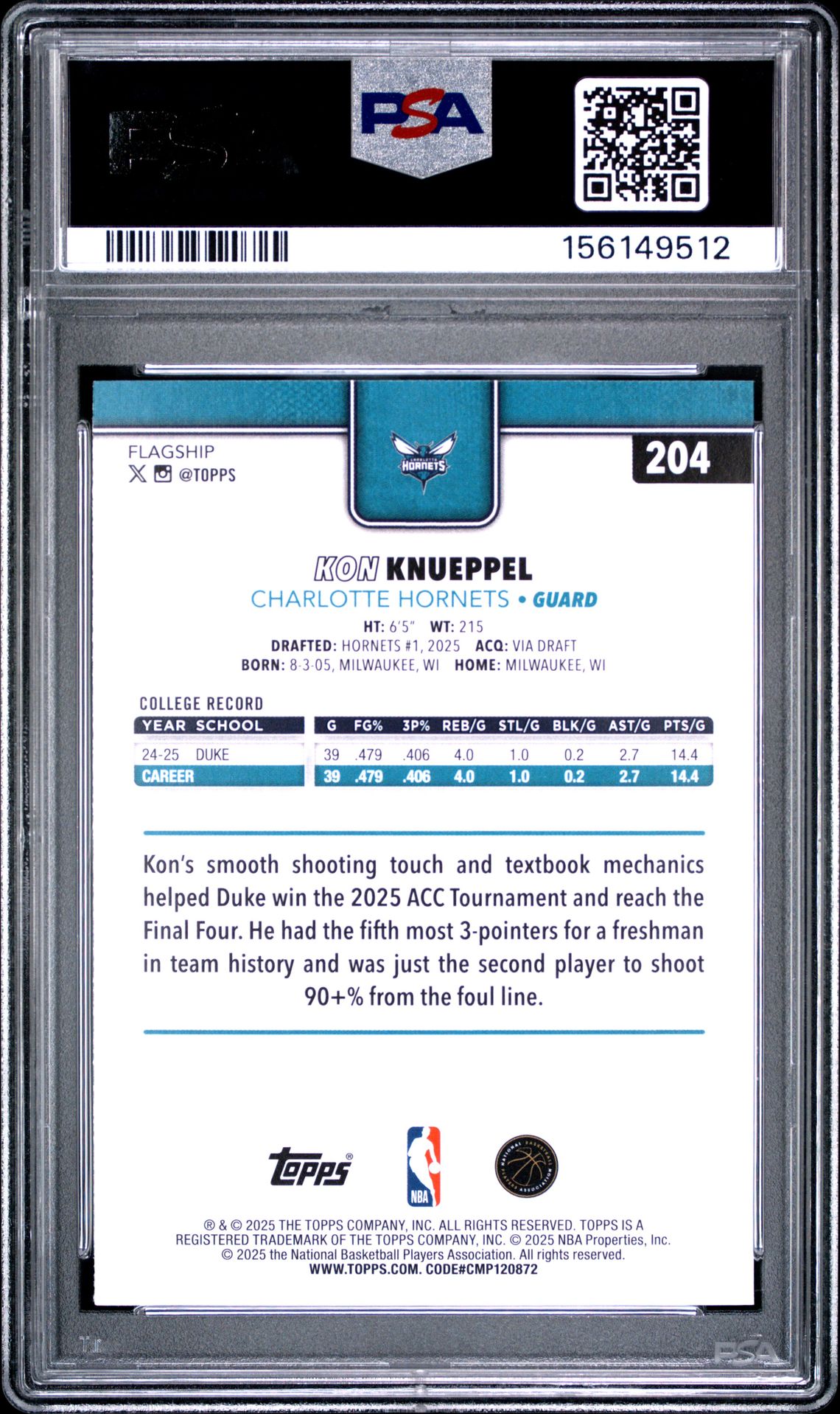 2025 Topps Kon Knueppel #204 Mint 9 back