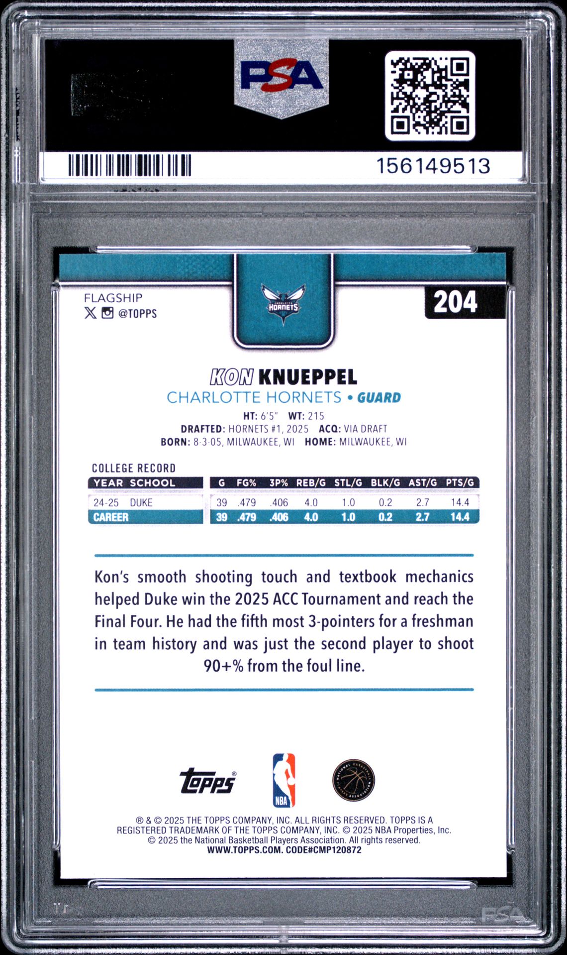 2025 Topps Kon Knueppel #204 Mint 9 back