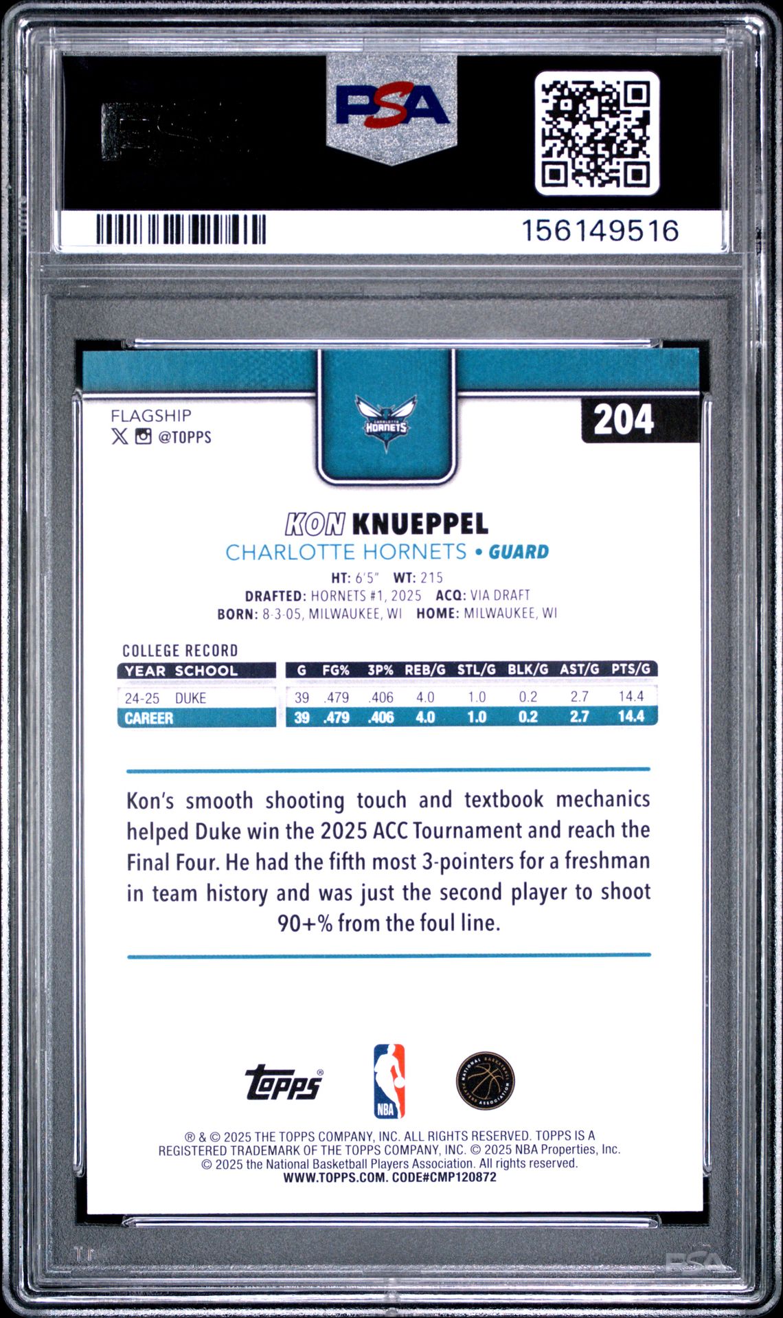 2025 Topps Kon Knueppel #204 Mint 9 back