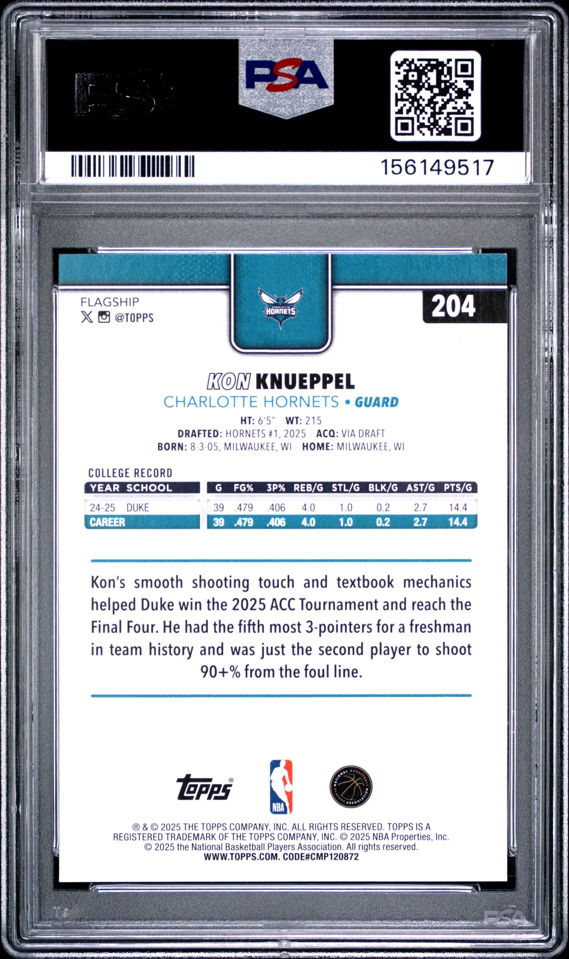 2025 Topps Kon Knueppel #204 Mint 9 back