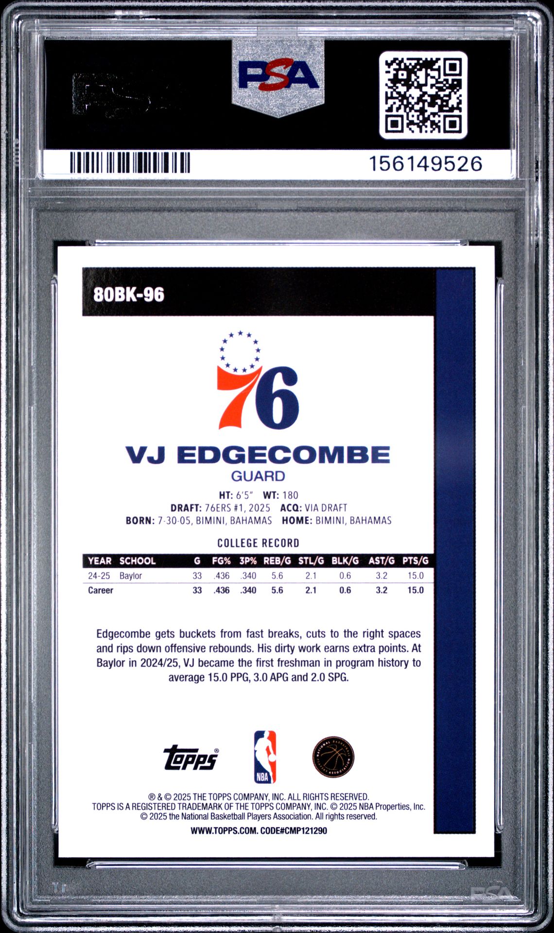 2025 Topps 1980-81 Topps Basketball Vj Edgecombe #80Bk-96 Mint 9 back