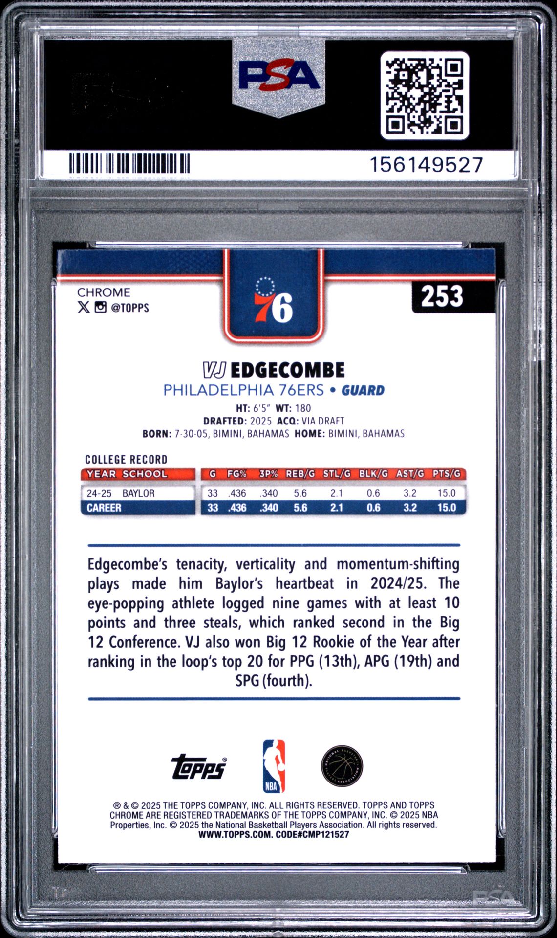 2025 Topps Chrome Vj Edgecombe #253 Mint 9 back