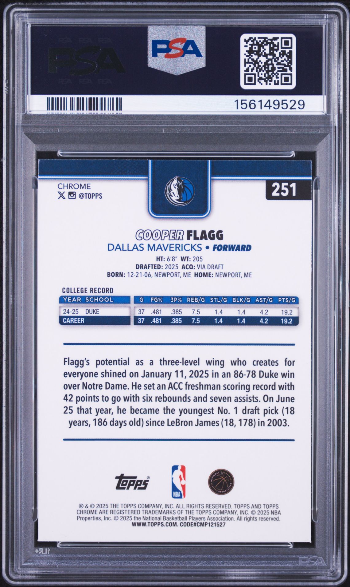 2025 Topps Chrome Cooper Flagg #251 Mint 9 back