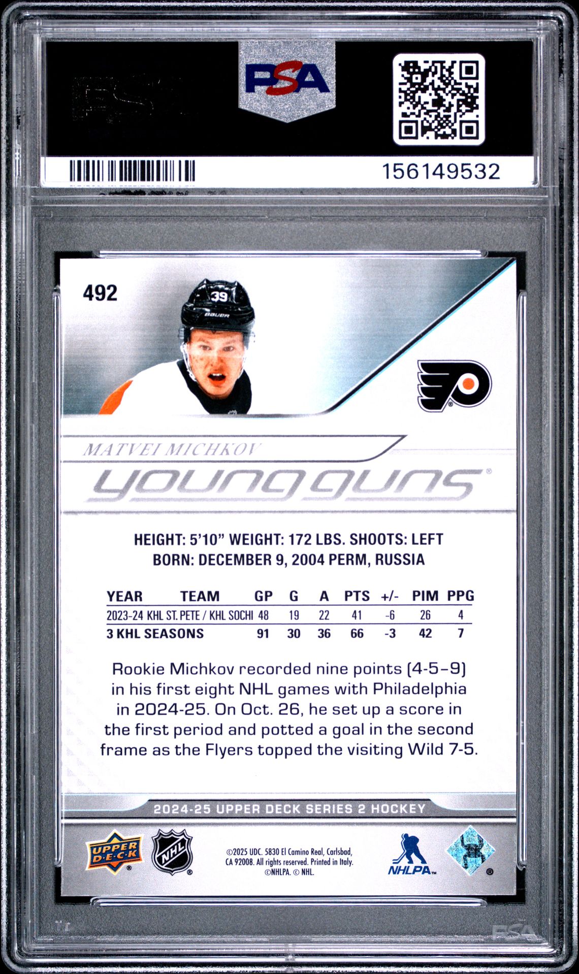 2024 Upper Deck Matvei Michkov #492 Mint 9 back