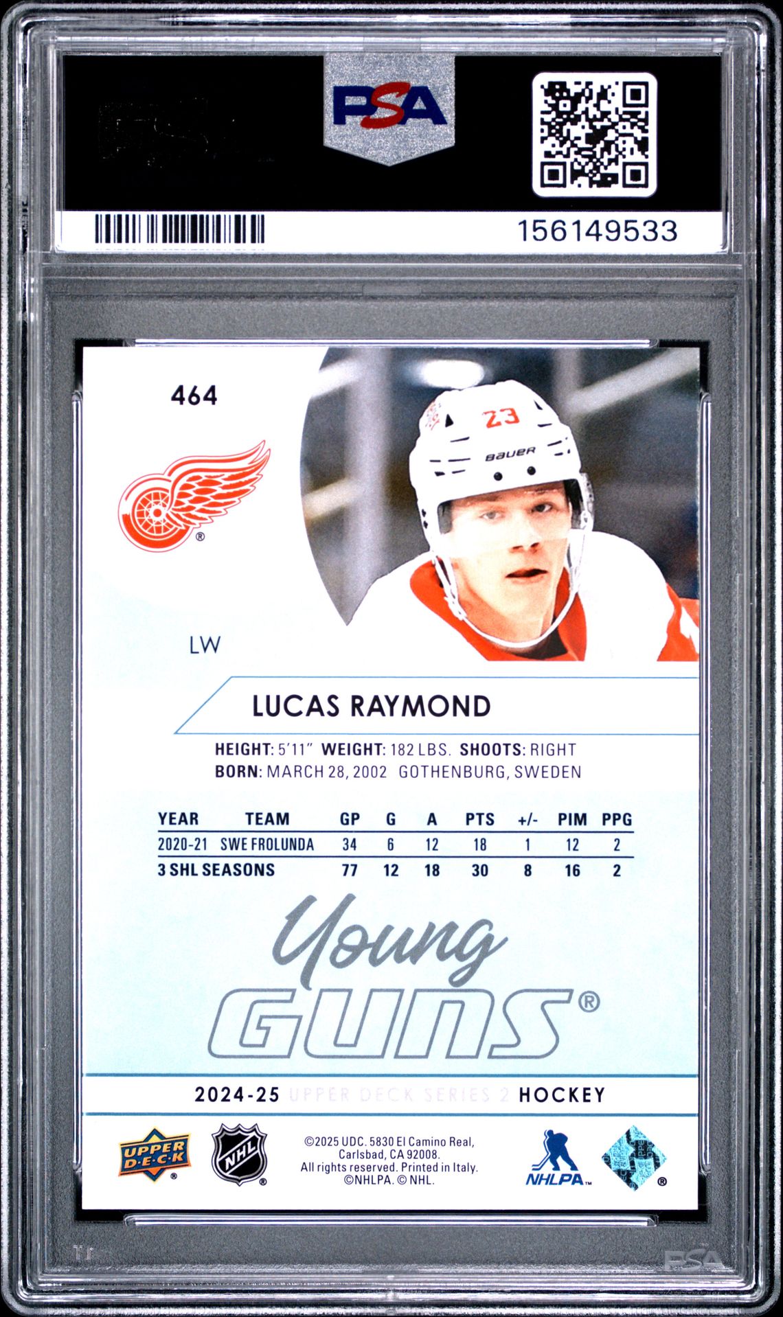 2024 Upper Deck Young Guns Renewed Lucas Raymond #464 Gem Mt 10 back