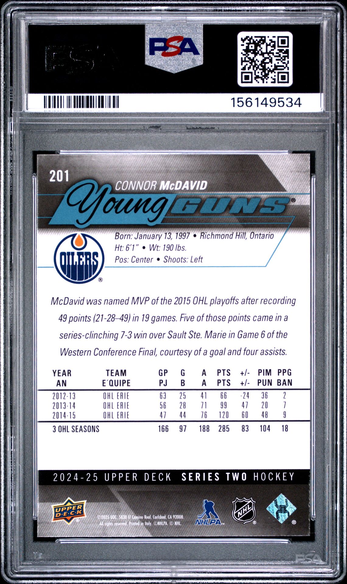 2024 Upper Deck Young Guns Renewed Connor Mcdavid #201 Mint 9 back