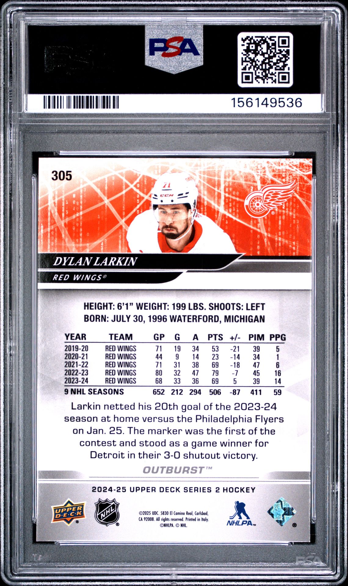 2024 Upper Deck Dylan Larkin #305 (Outburst Red) Mint 9 back
