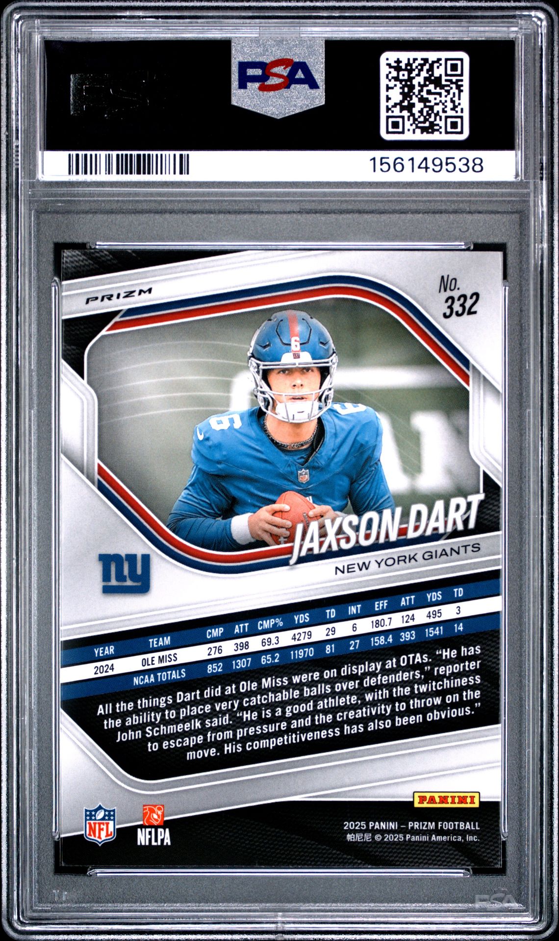 2025 Panini Prizm Jaxson Dart #332 (Neon Green Pulsar) Gem Mt 10 back