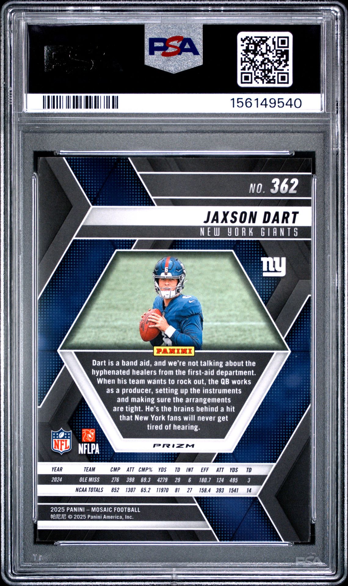 2025 Panini Mosaic Jaxson Dart #362 (Mosaic) Gem Mt 10 back