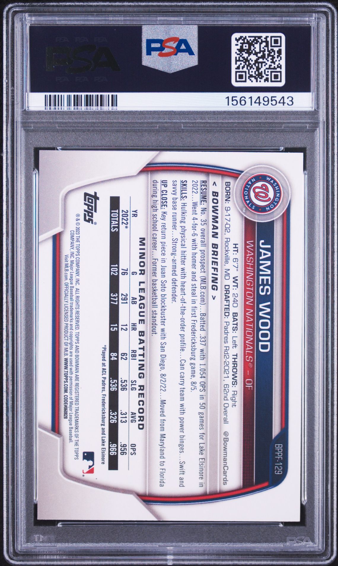 2023 Bowman 1St Edition James Wood #Bppf129 (Gold Foil) Mint 9 back