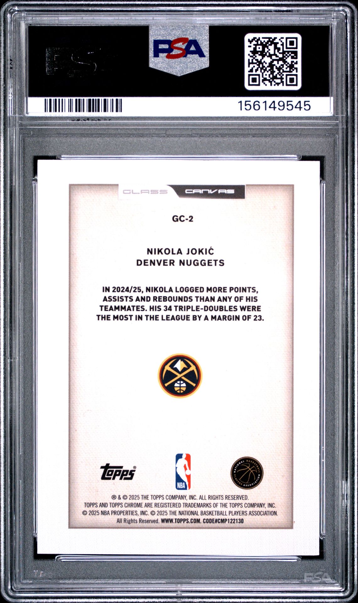 2025 Topps Chrome Glass Canvas Nikola Jokic #Gc-2 Gem Mt 10 back view - PSA certificate #156149545