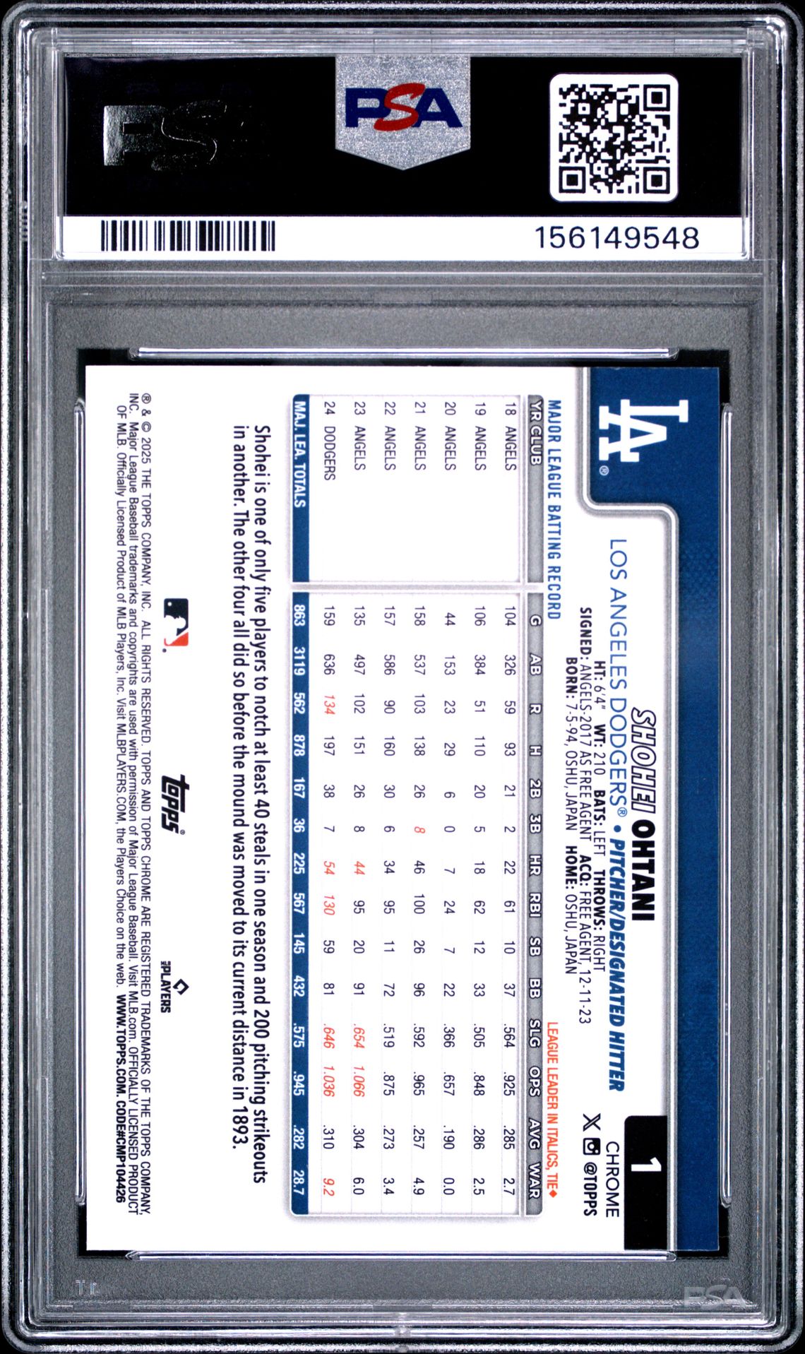 2025 Topps Chrome Shohei Ohtani #1 (X-Fractor) Gem Mt 10 back