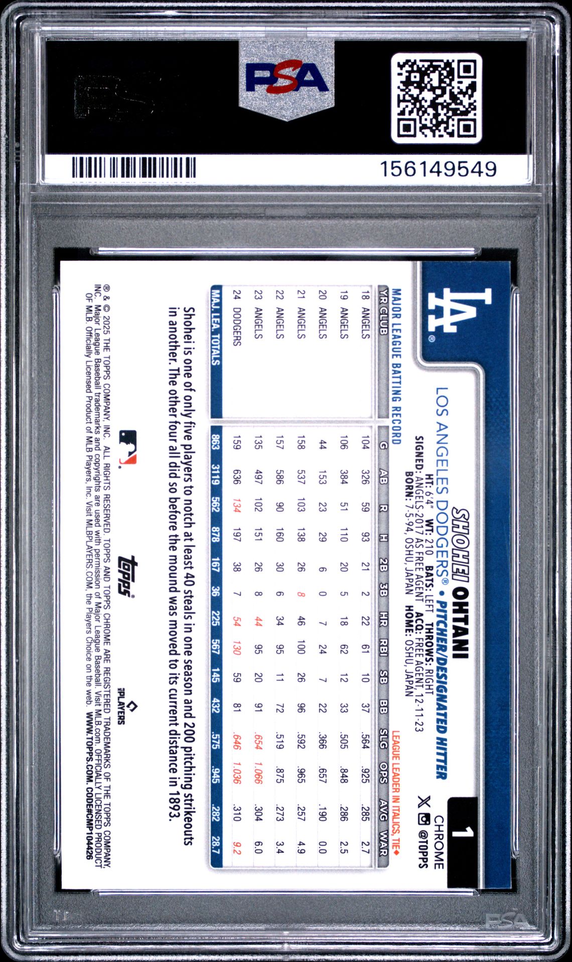 2025 Topps Chrome Shohei Ohtani #1 (X-Fractor) Mint 9 back