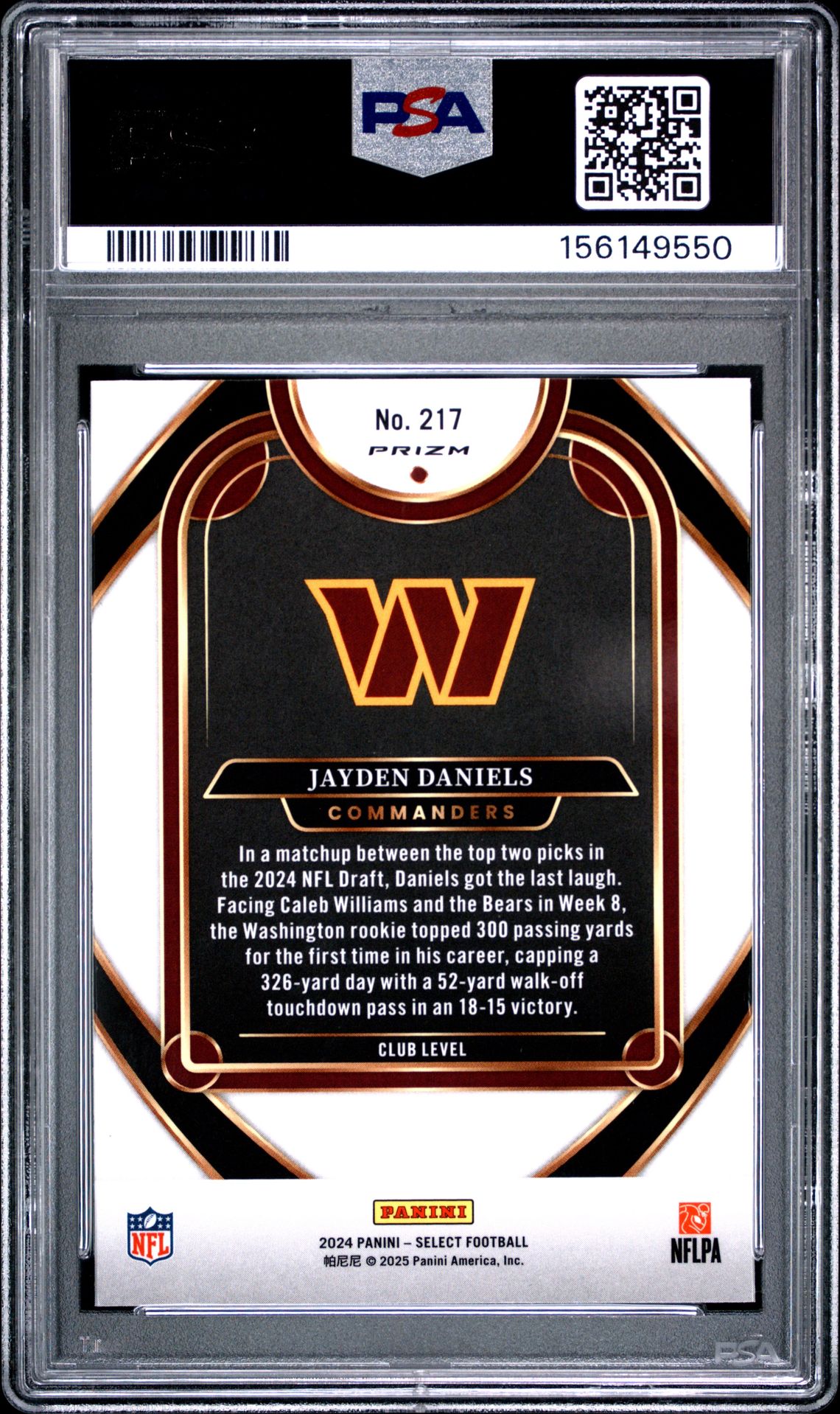 2024 Panini Select Jayden Daniels #217 (Zebra Shock) Gem Mt 10 back