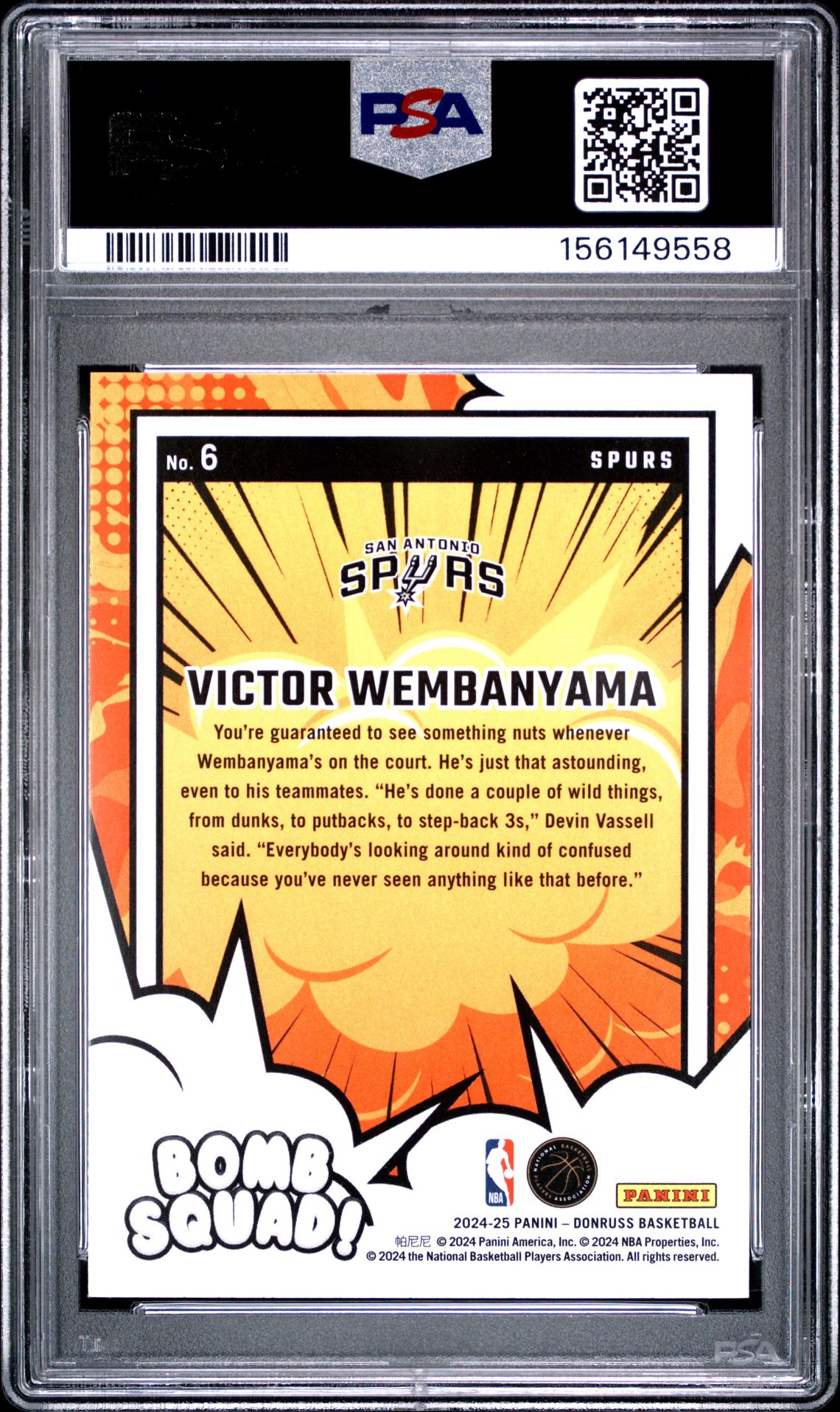 2024 Panini Donruss Bomb Squad Victor Wembanyama #6 Gem Mt 10 back view - PSA certificate #156149558