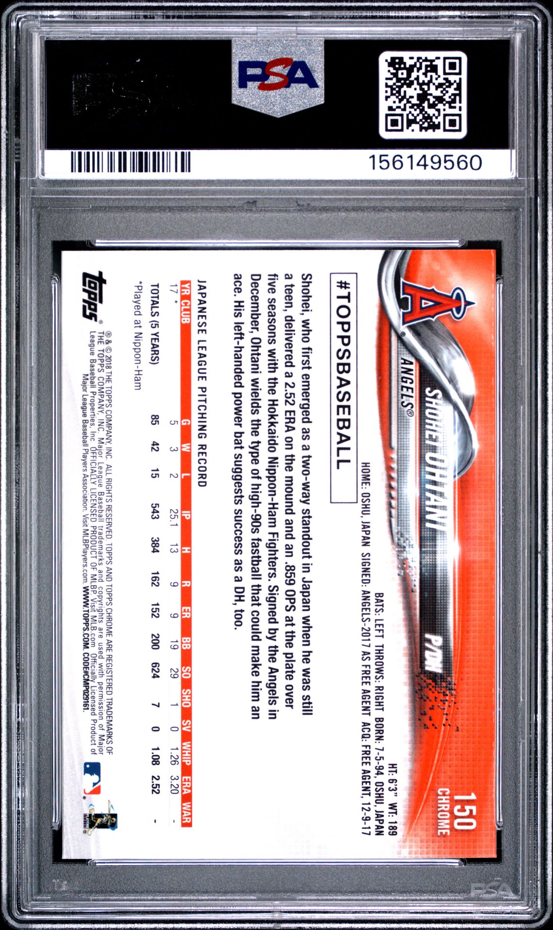 2018 Topps Chrome Shohei Ohtani #150 Gem Mt 10 back