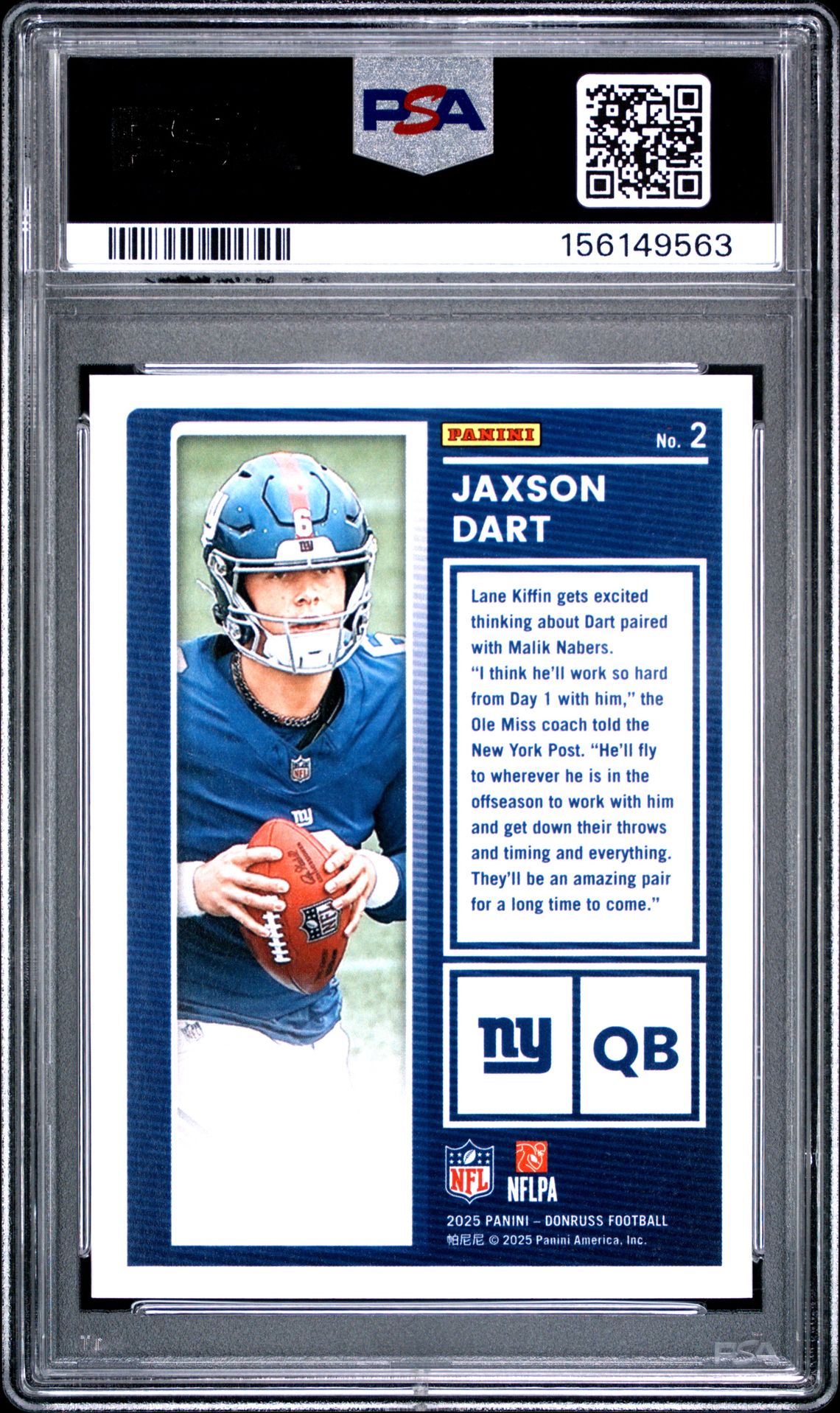 2025 Panini Donruss The Rookies Jaxson Dart #2 Mint 9 back