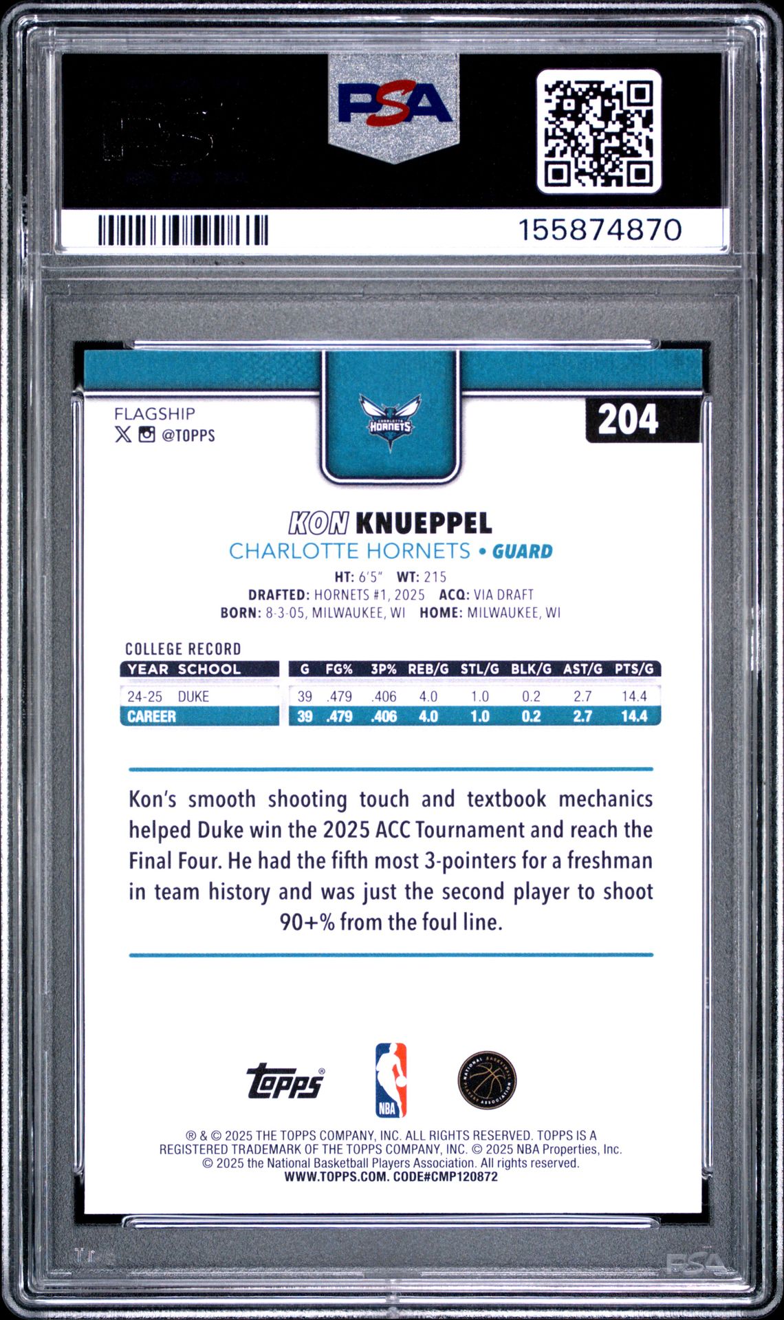 2025 Topps Kon Knueppel #204 Mint 9 back