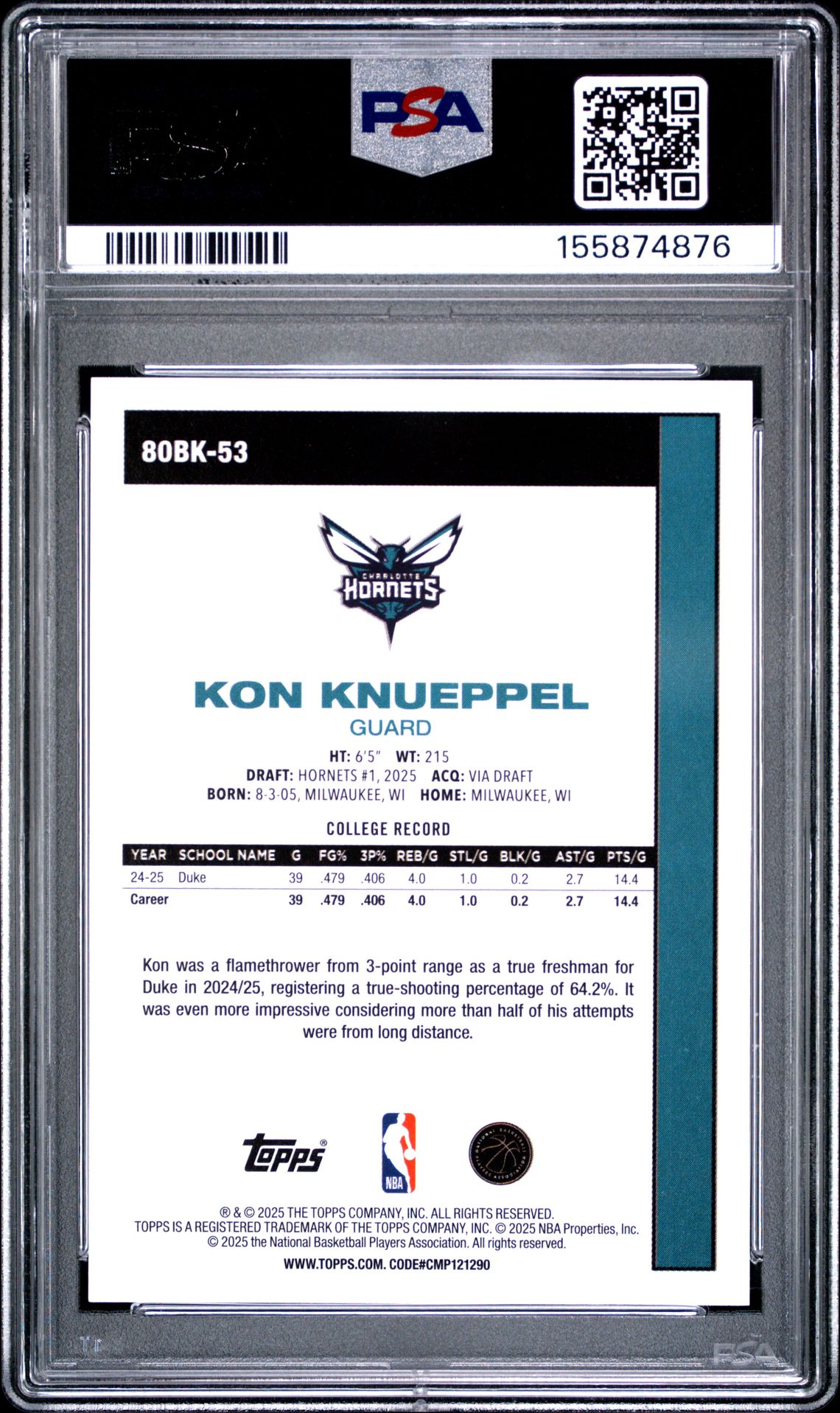 2025 Topps 1980-81 Topps Basketball Kon Knueppel #80Bk-53 Mint 9 back