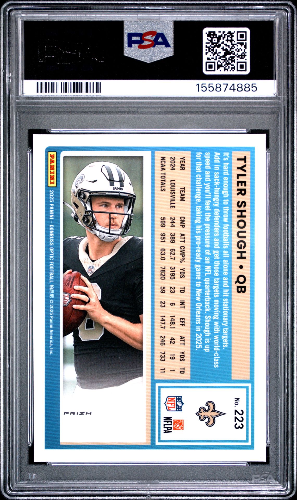 2025 Panini Donruss Optic Tyler Shough #223 (Green Hyper) Gem Mt 10 back view - PSA certificate #155874885