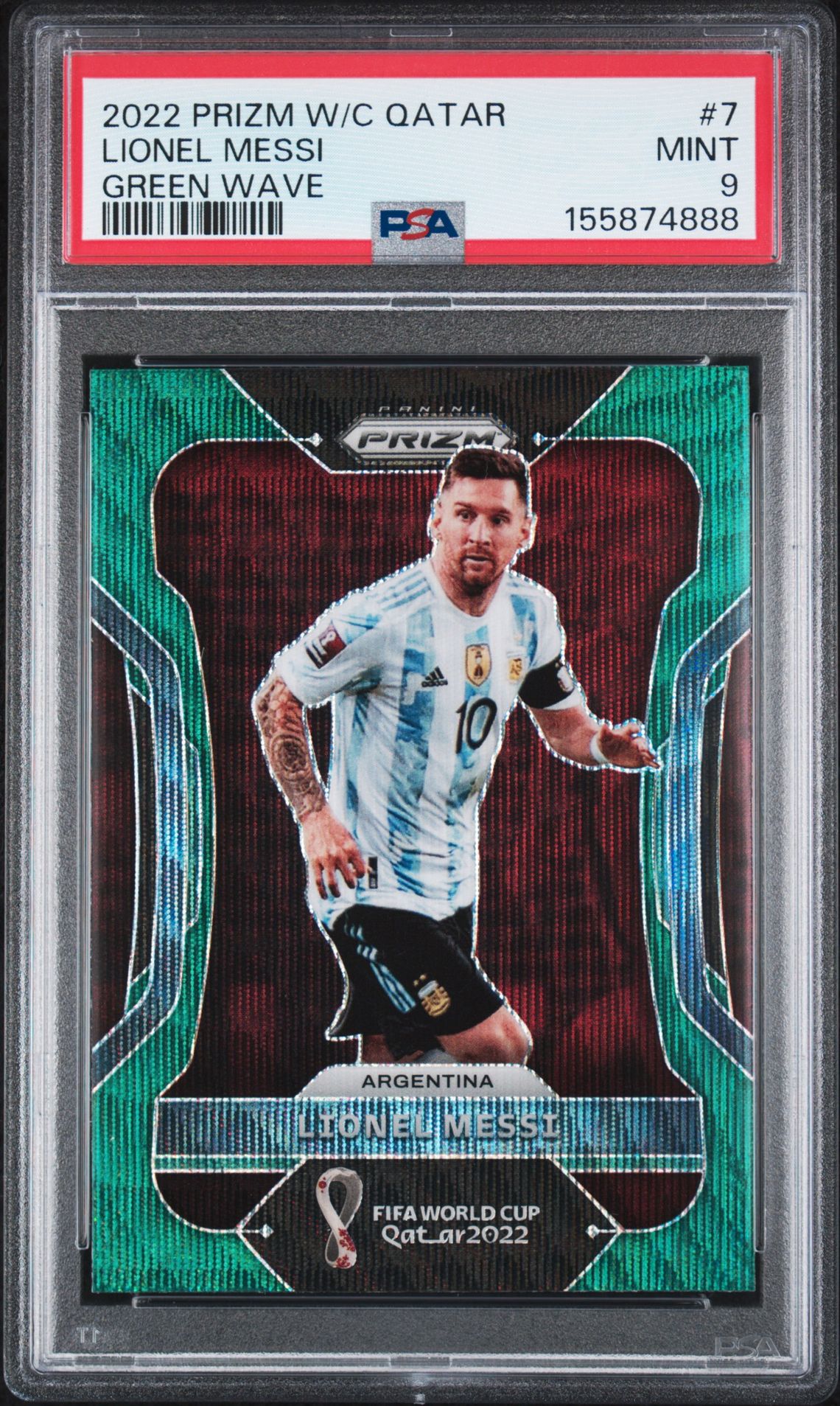 2022 Panini Prizm World Cup Qatar Lionel Messi #7 (Green Wave) Mint 9 front