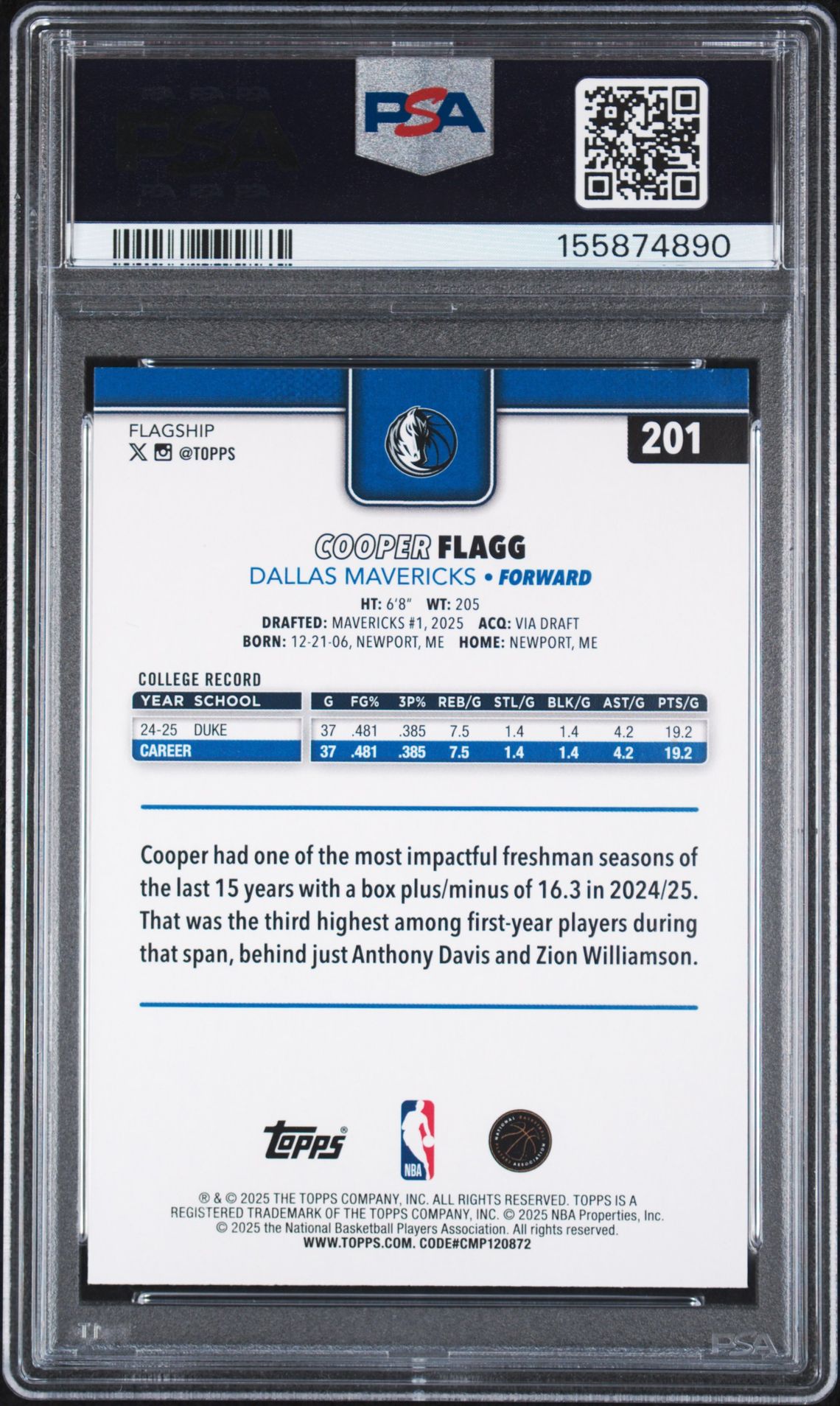 2025 Topps Cooper Flagg #201 (Crackleboard Foil) Mint 9 back