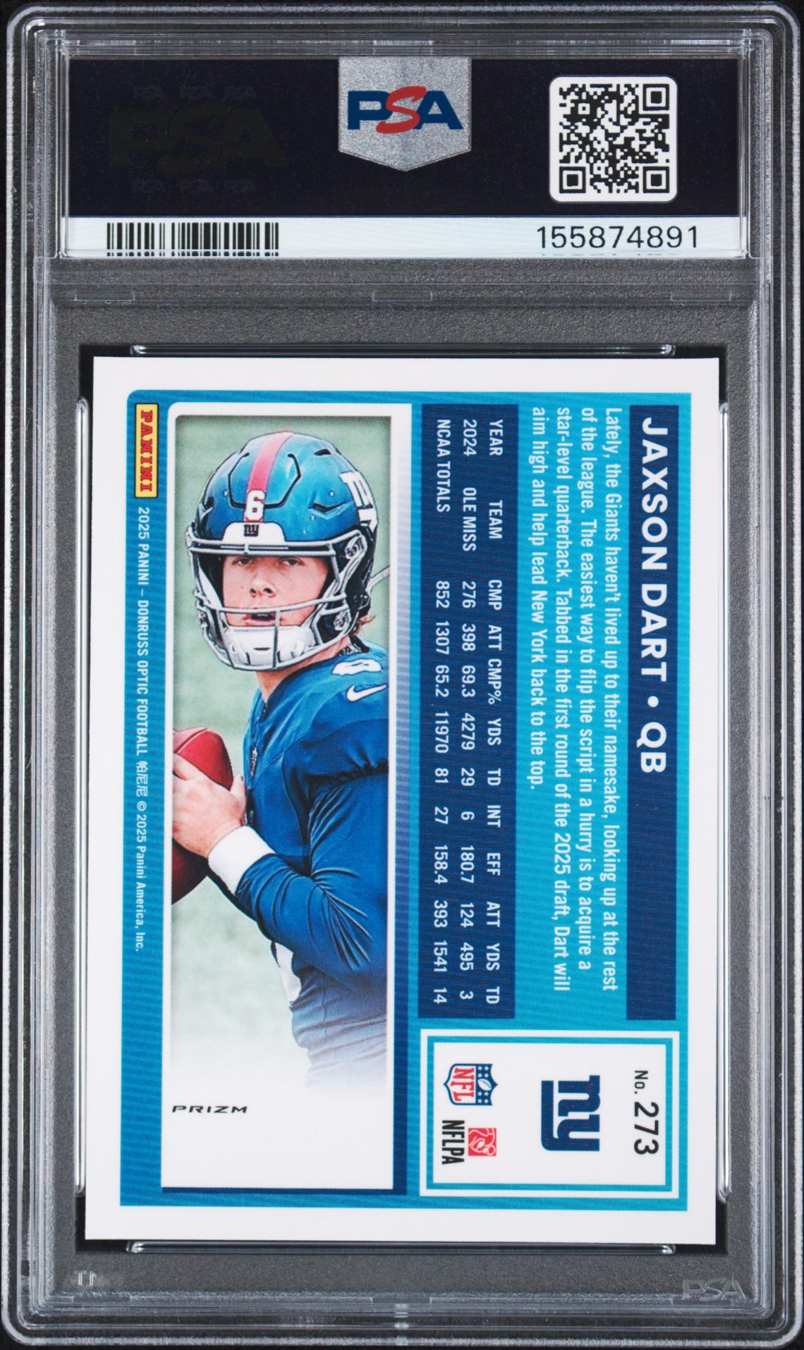 2025 Panini Donruss Optic Jaxson Dart #273 (Purple Shock) Mint 9 back