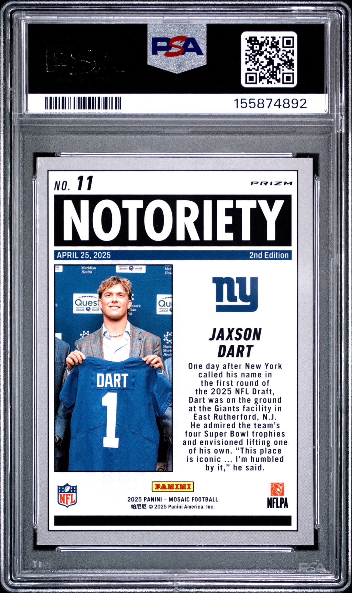 2025 Panini Mosaic Notoriety Jaxson Dart #11 (Notoriety-Pink Fluorescent) Gem Mt 10 back view - PSA certificate #155874892