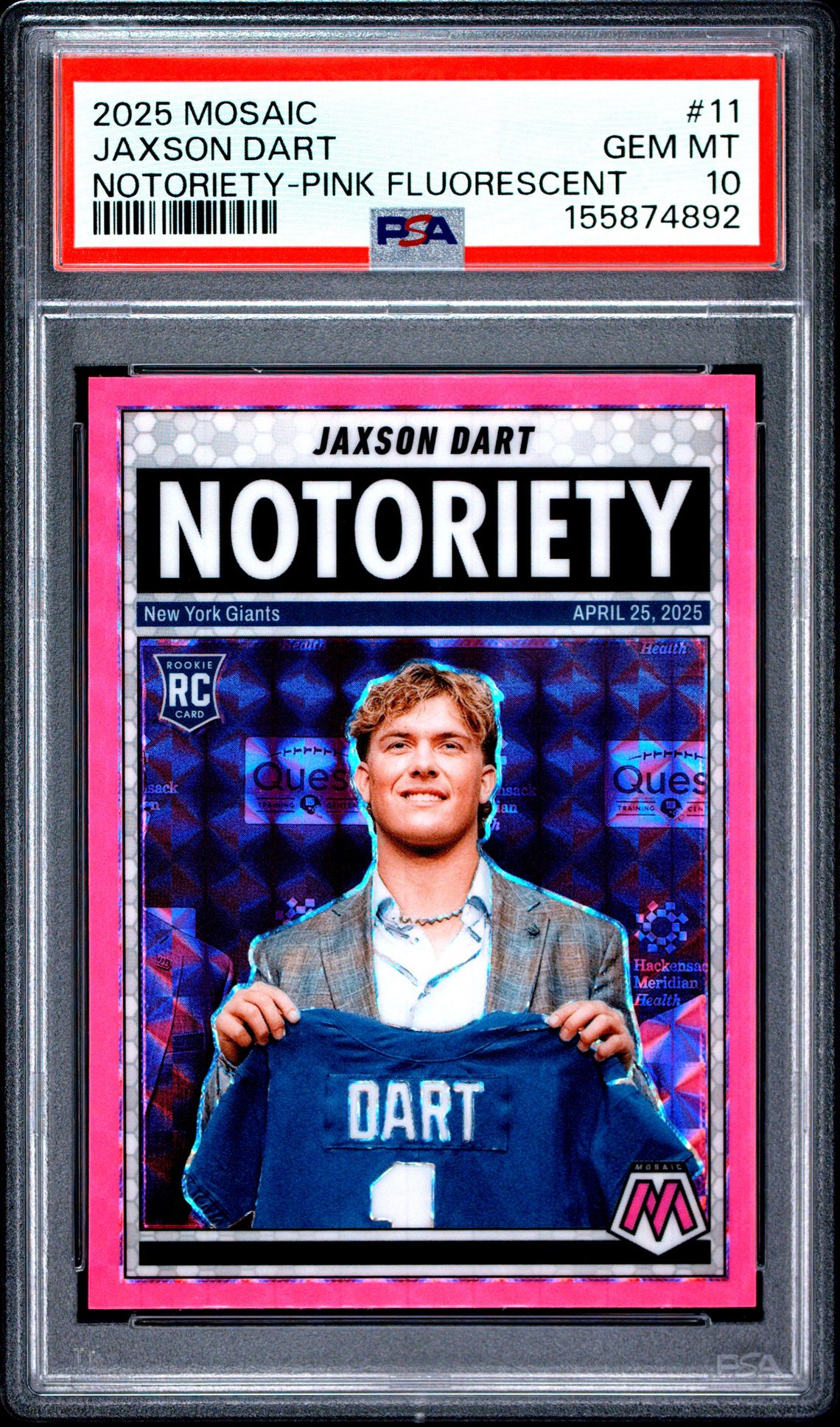 2025 Panini Mosaic Notoriety Jaxson Dart #11 (Notoriety-Pink Fluorescent) Gem Mt 10 front view - PSA graded GEM MT 10