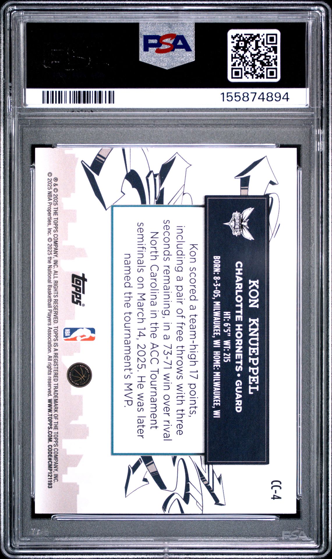 2025 Topps Clutch City Prospects Kon Knueppel #Cc-4 (Clutch City Pros-Holo Foil) Gem Mt 10 back