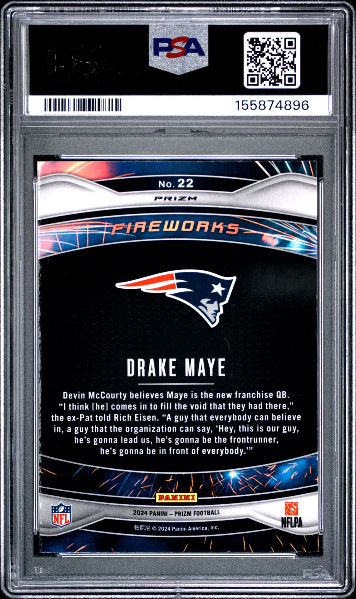 2024 Panini Prizm Fireworks Drake Maye #22 (Fireworks-Green Ice) Gem Mt 10 back view - PSA certificate #155874896