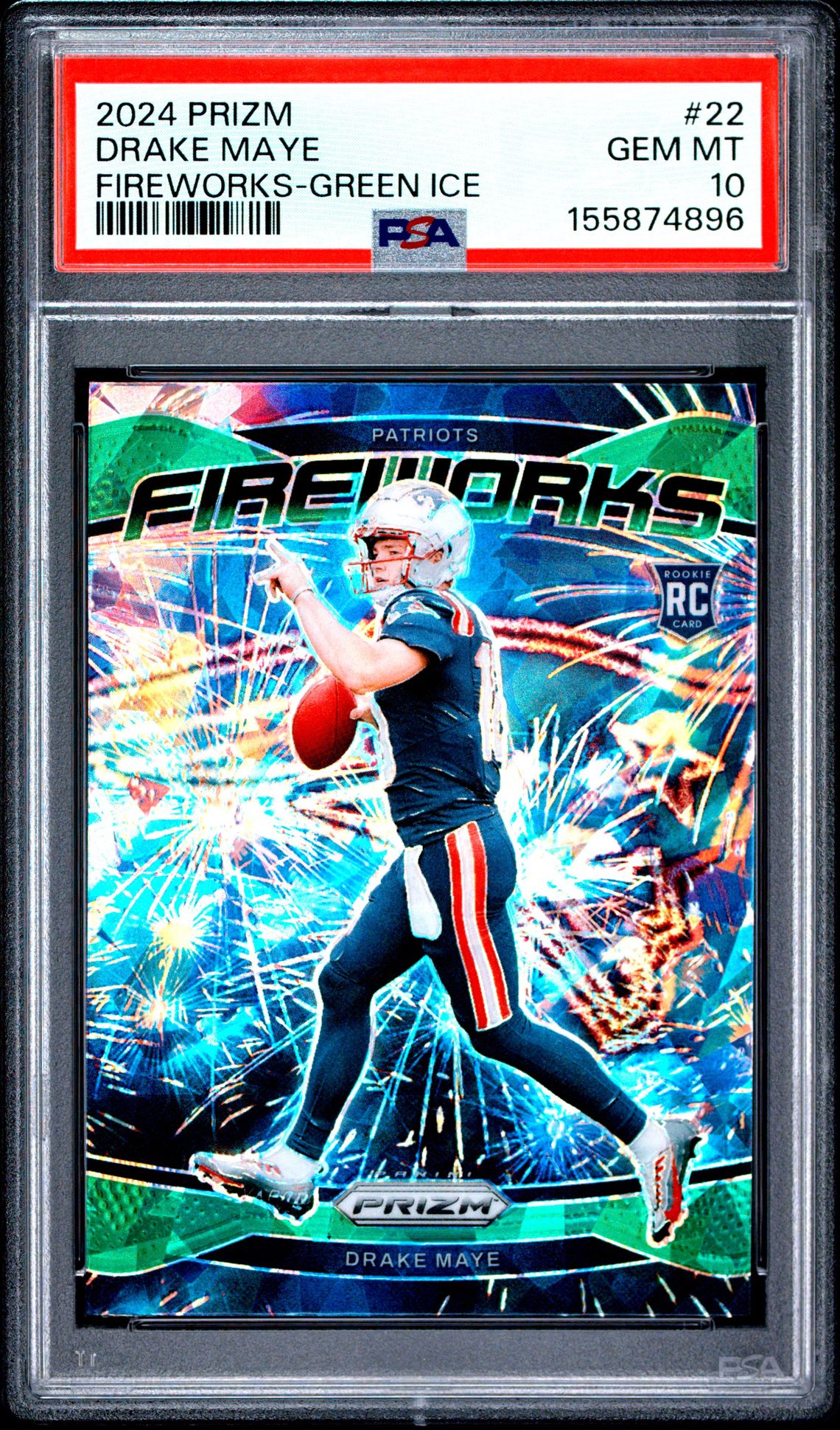 2024 Panini Prizm Fireworks Drake Maye #22 (Fireworks-Green Ice) Gem Mt 10 front view - PSA graded GEM MT 10