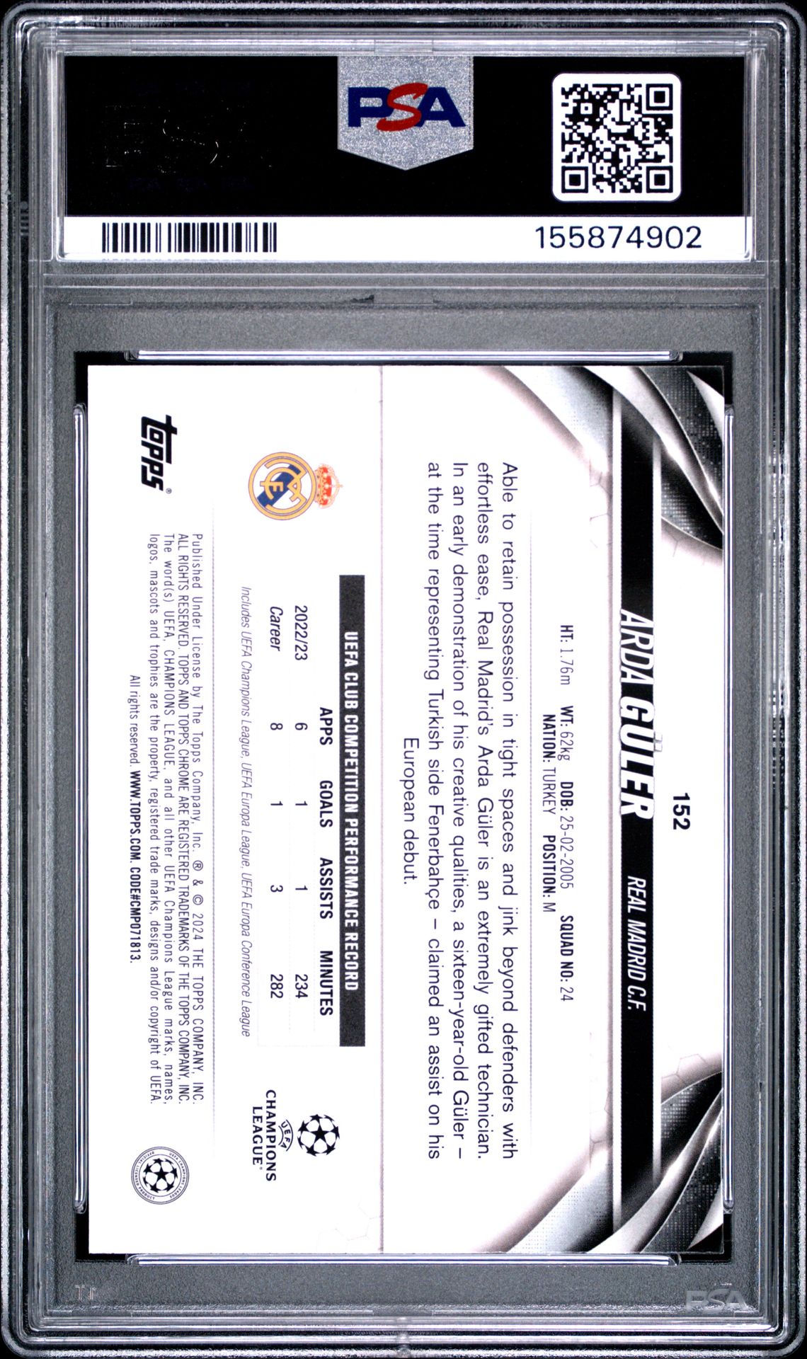 2023-24 Topps Chrome Uefa Club Competitions Arda Guler #152 (Prism Refractor) Gem Mt 10 back view - PSA certificate #155874902