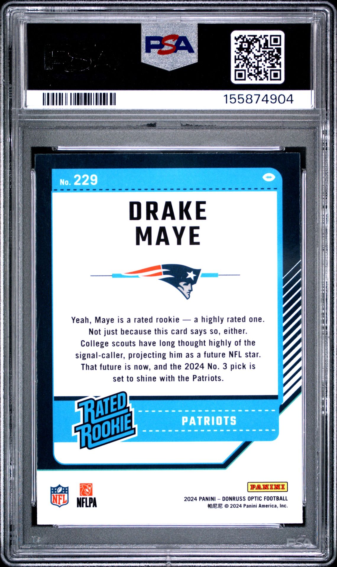 2024 Panini Donruss Optic Drake Maye #229 Gem Mt 10 back view - PSA certificate #155874904