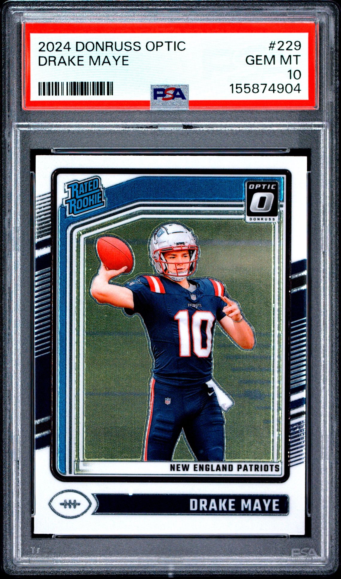 2024 Panini Donruss Optic Drake Maye #229 Gem Mt 10 front view - PSA graded GEM MT 10