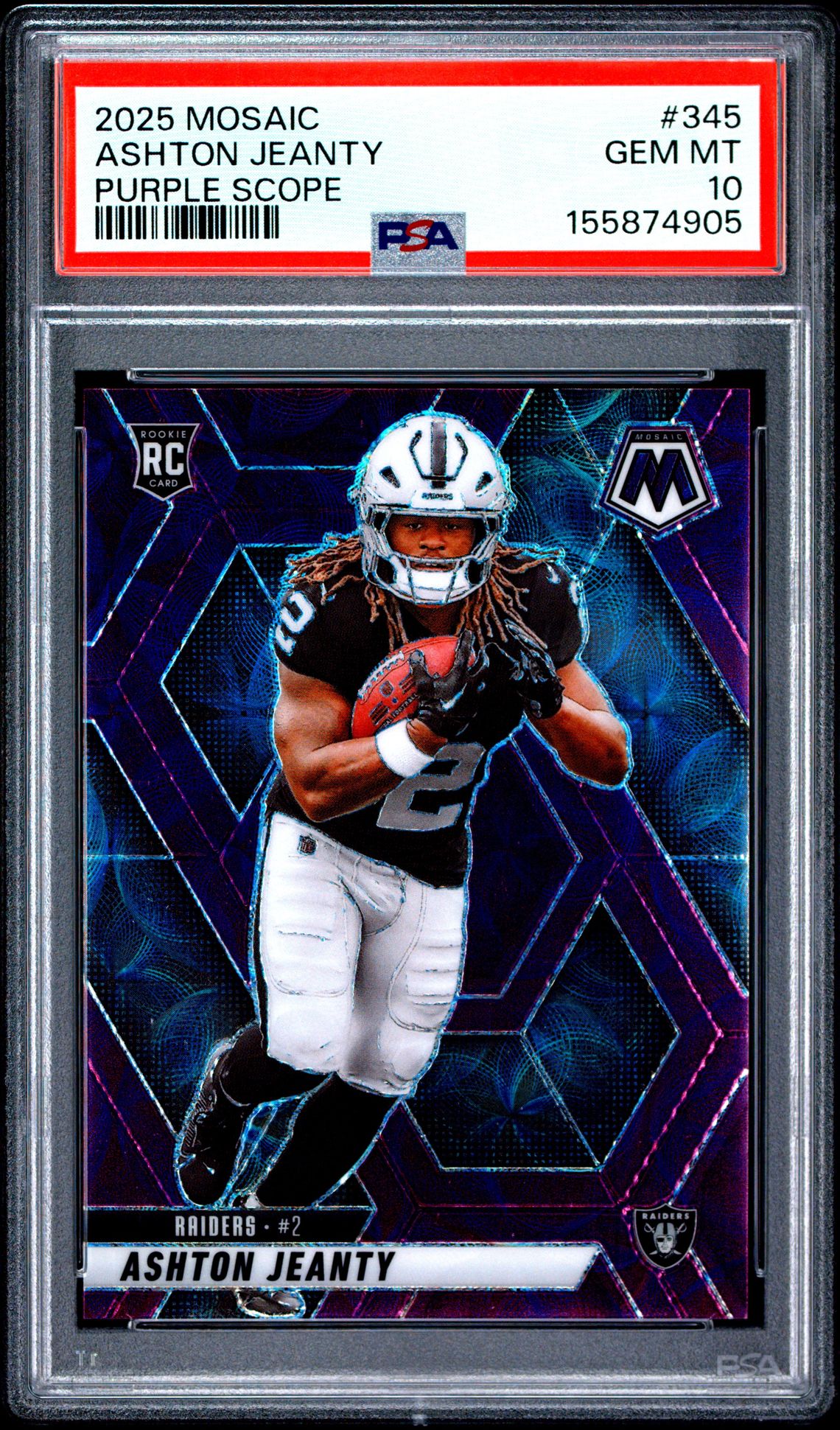 2025 Panini Mosaic Ashton Jeanty #345 (Purple Scope) Gem Mt 10 front view - PSA graded GEM MT 10