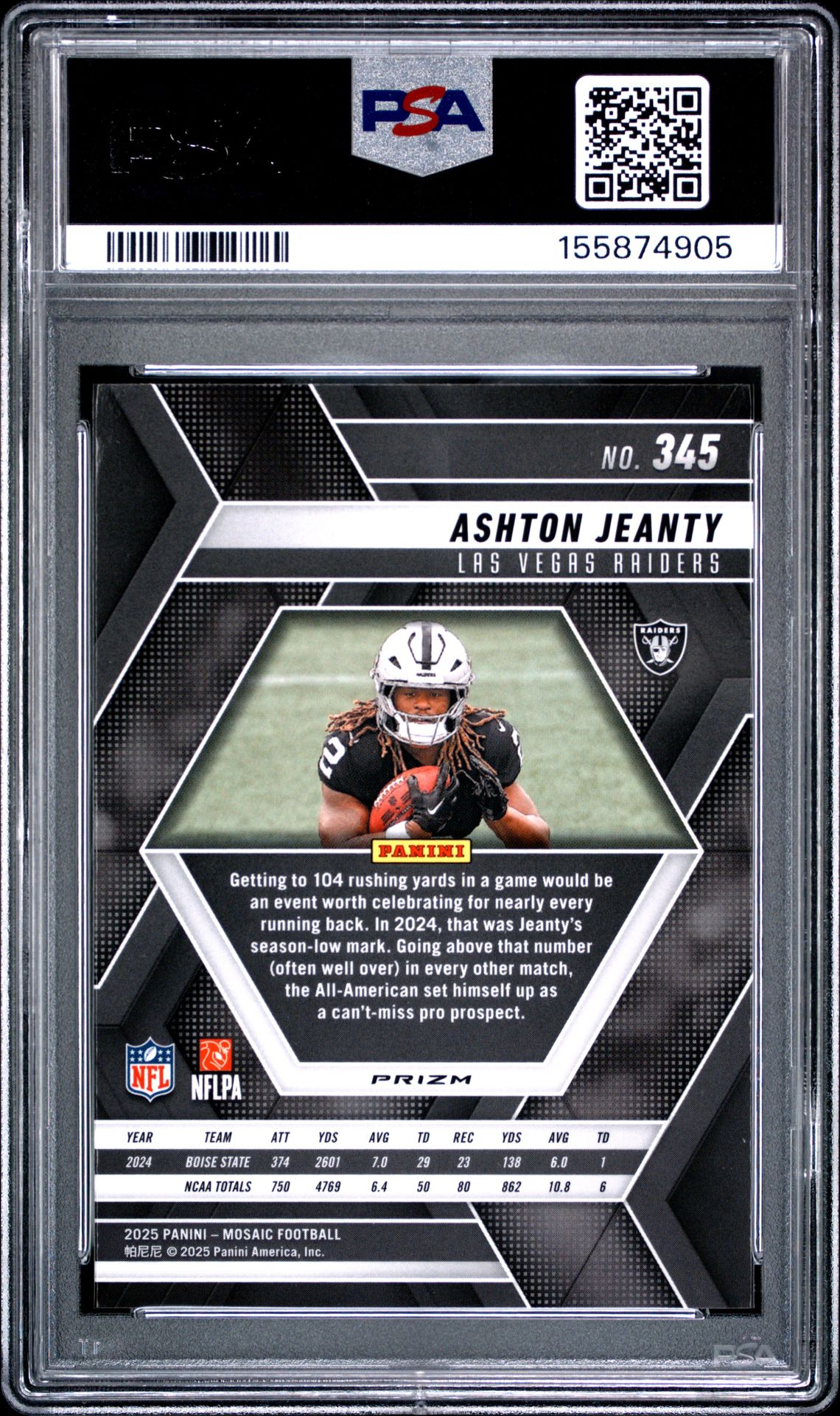 2025 Panini Mosaic Ashton Jeanty #345 (Purple Scope) Gem Mt 10 back view - PSA certificate #155874905