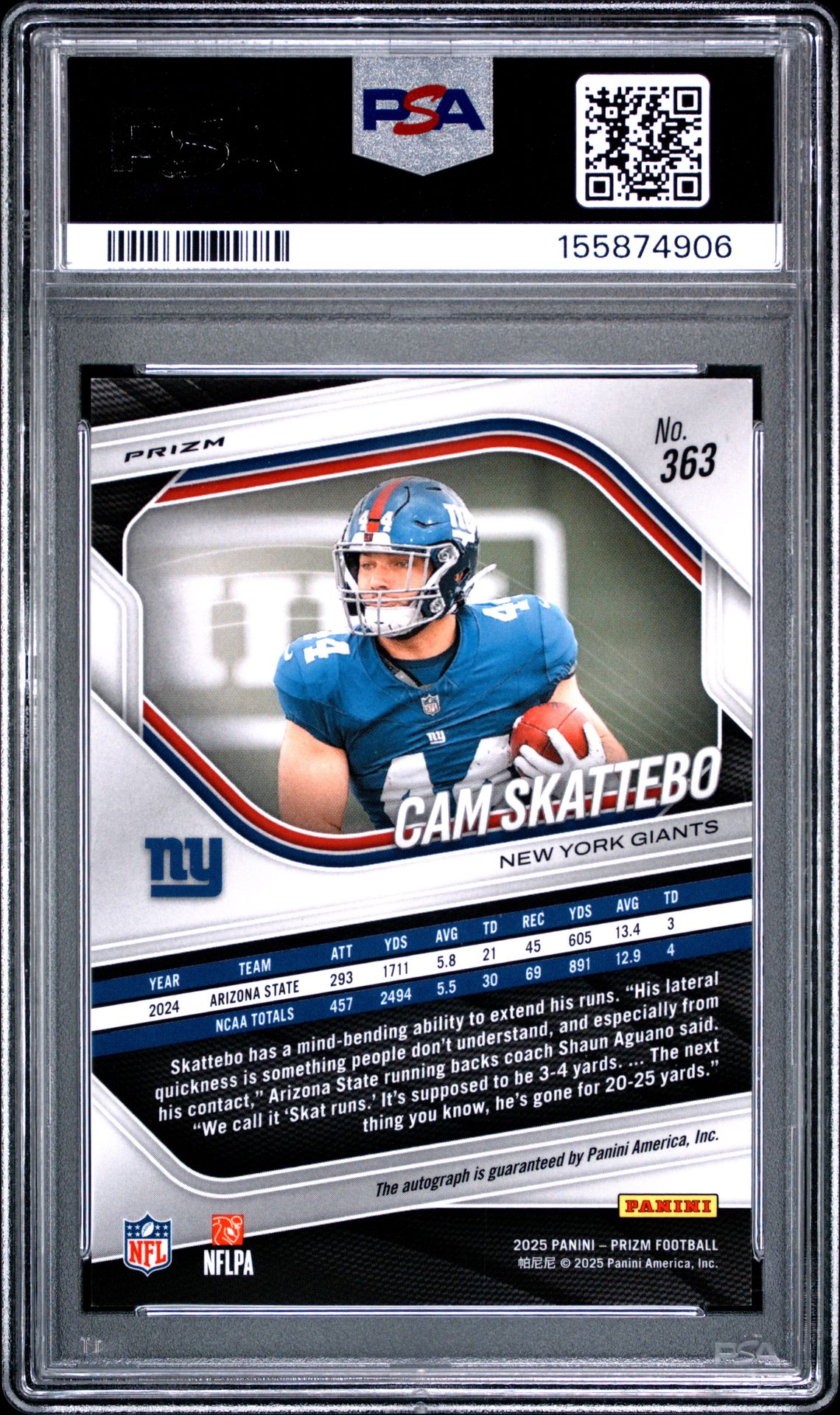2025 Panini Prizm Cam Skattebo #363 (Autograph-Silver Prizm) Gem Mt 10 back view - PSA certificate #155874906