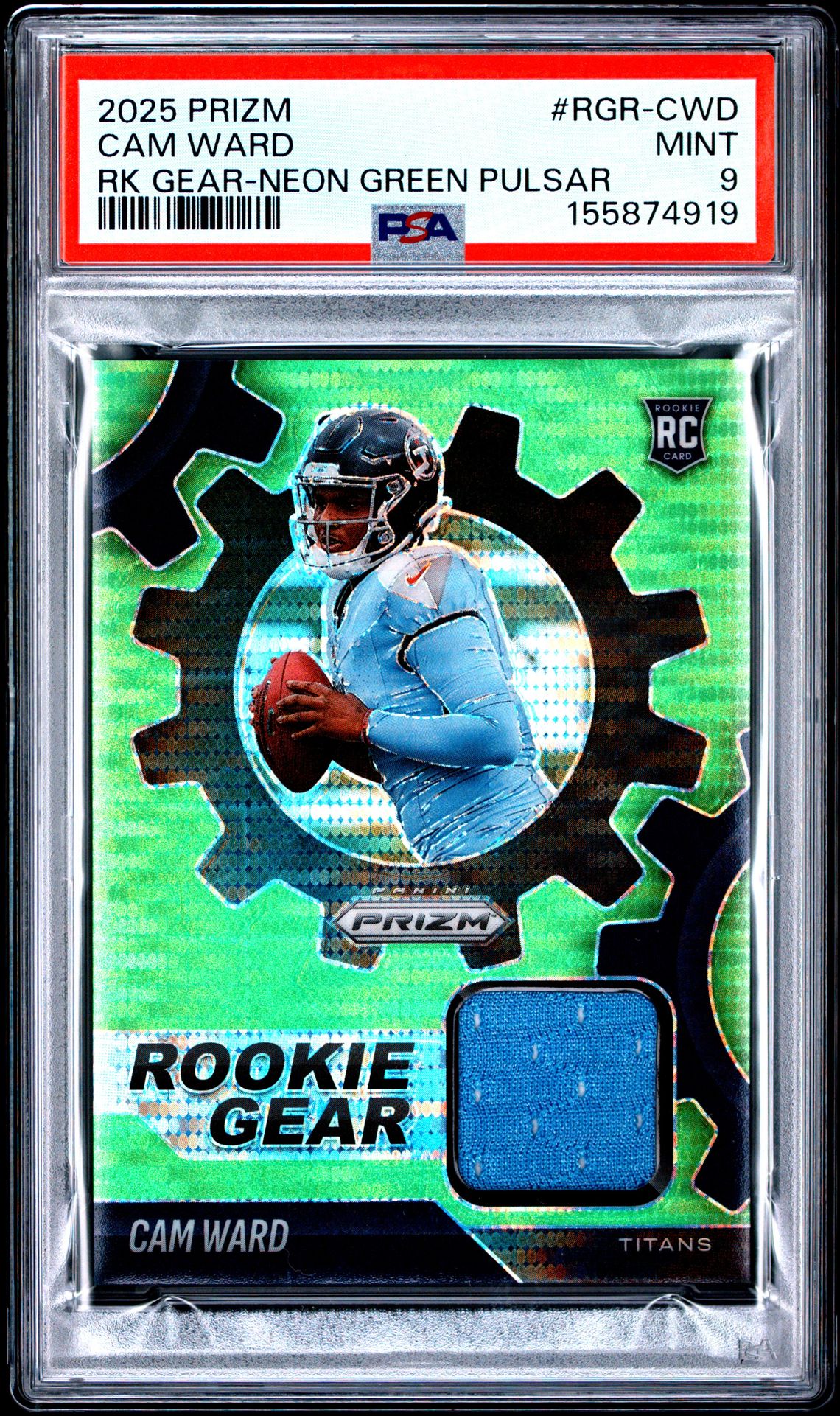 2025 Panini Prizm Rookie Gear Cam Ward #Rgr-Cwd (Rk Gear-Neon Green Pulsar) Mint 9 front