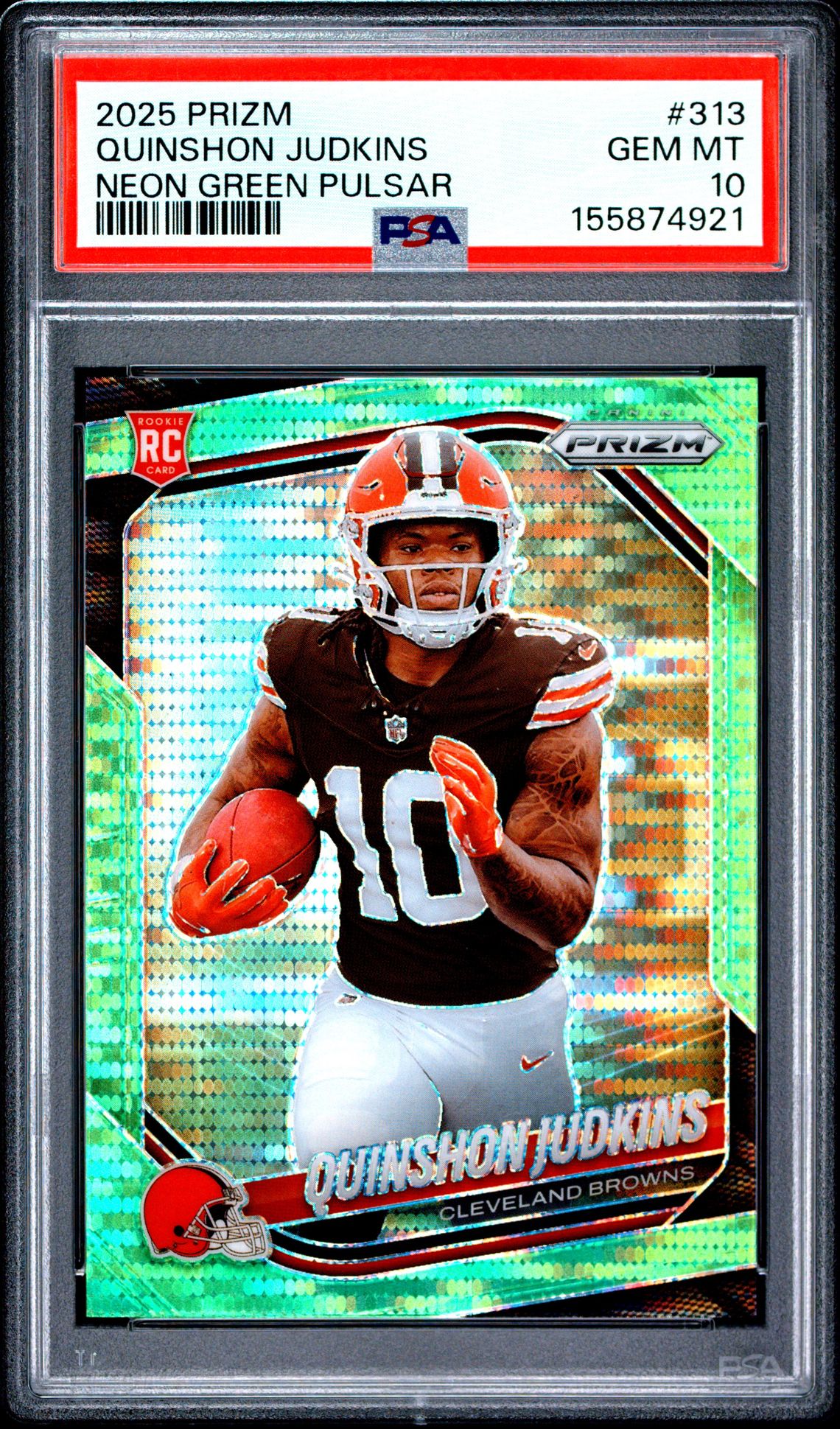 2025 Panini Prizm Quinshon Judkins #313 (Neon Green Pulsar) Gem Mt 10 front view - PSA graded GEM MT 10