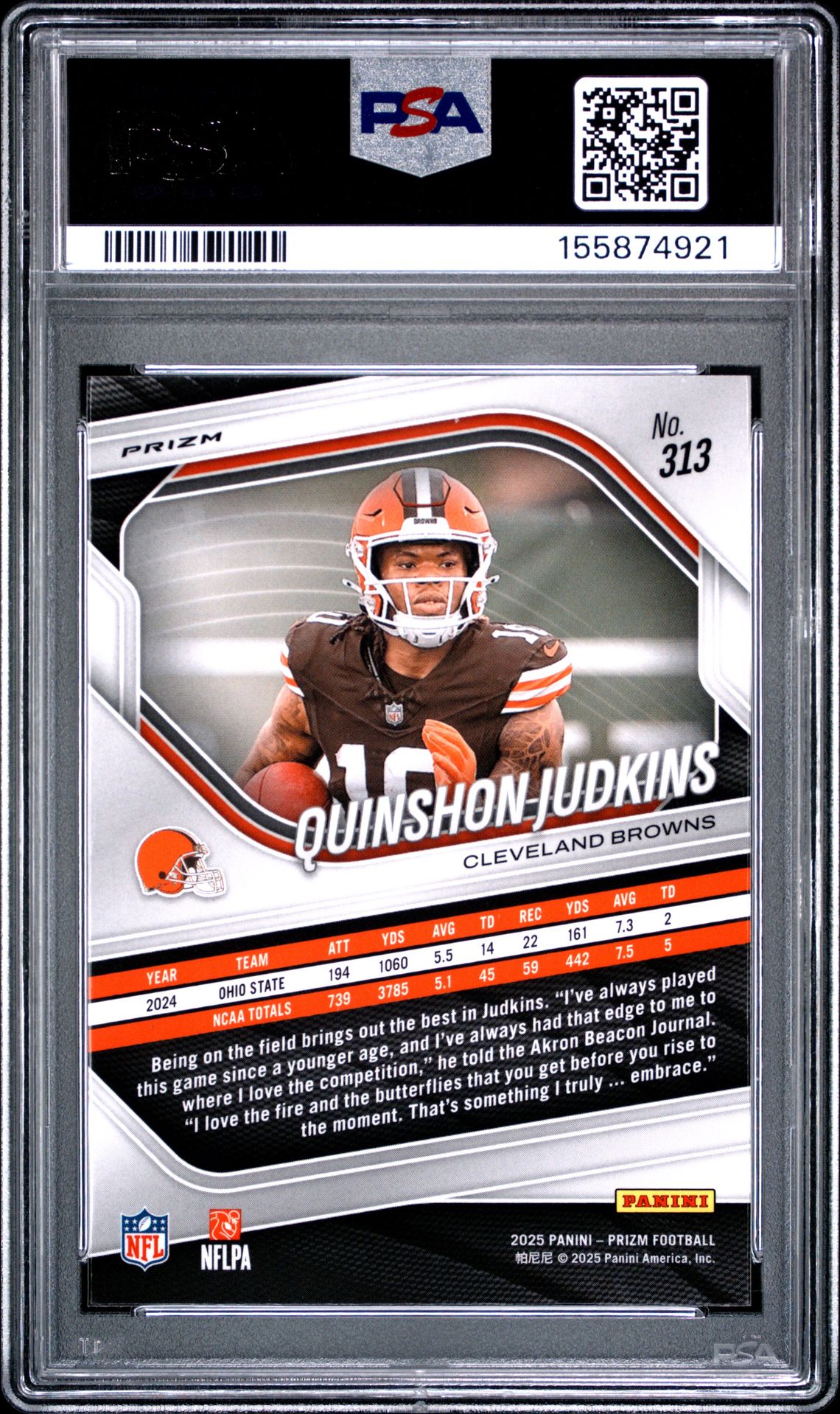 2025 Panini Prizm Quinshon Judkins #313 (Neon Green Pulsar) Gem Mt 10 back view - PSA certificate #155874921