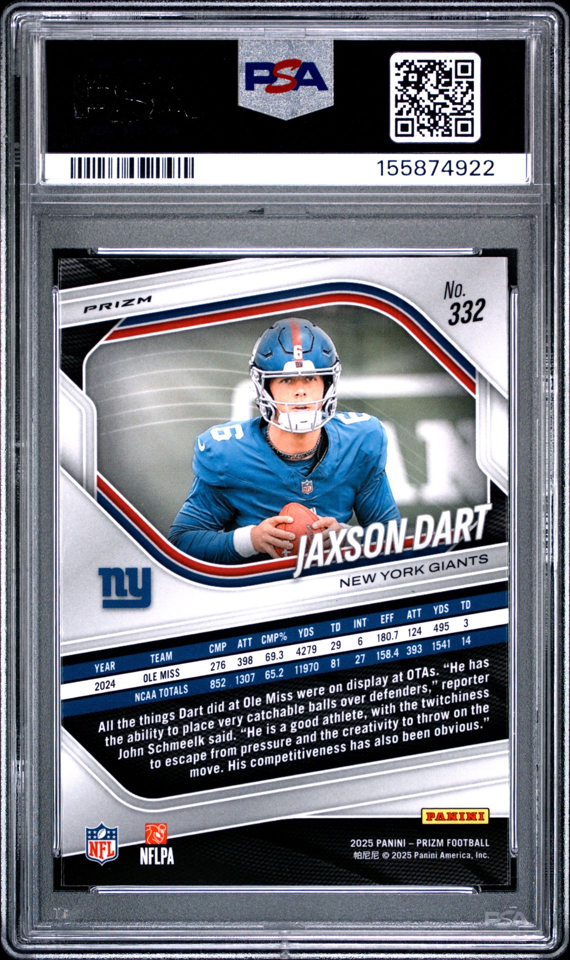2025 Panini Prizm Jaxson Dart #332 (Lazer Prizm) Gem Mt 10 back view - PSA certificate #155874922