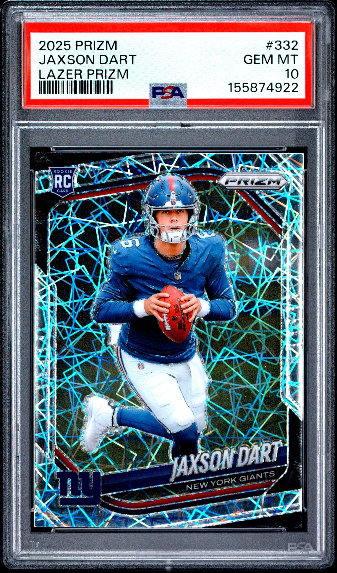 2025 Panini Prizm Jaxson Dart #332 (Lazer Prizm) Gem Mt 10 front view - PSA graded GEM MT 10