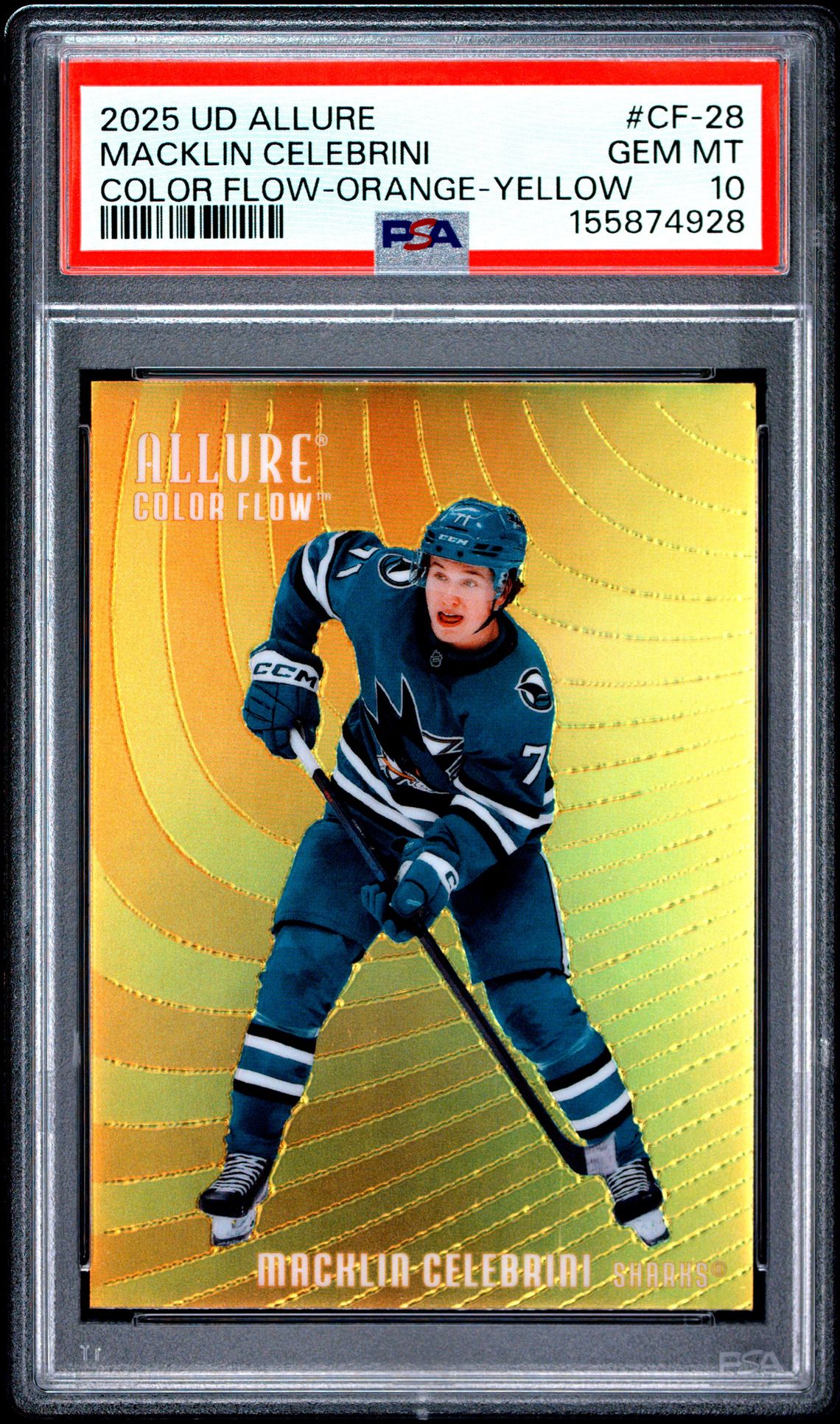2025 Upper Deck Allure Color Flow Macklin Celebrini #Cf-28 (Color Flow-Orange-Yellow) Gem Mt 10 front view - PSA graded GEM MT 10