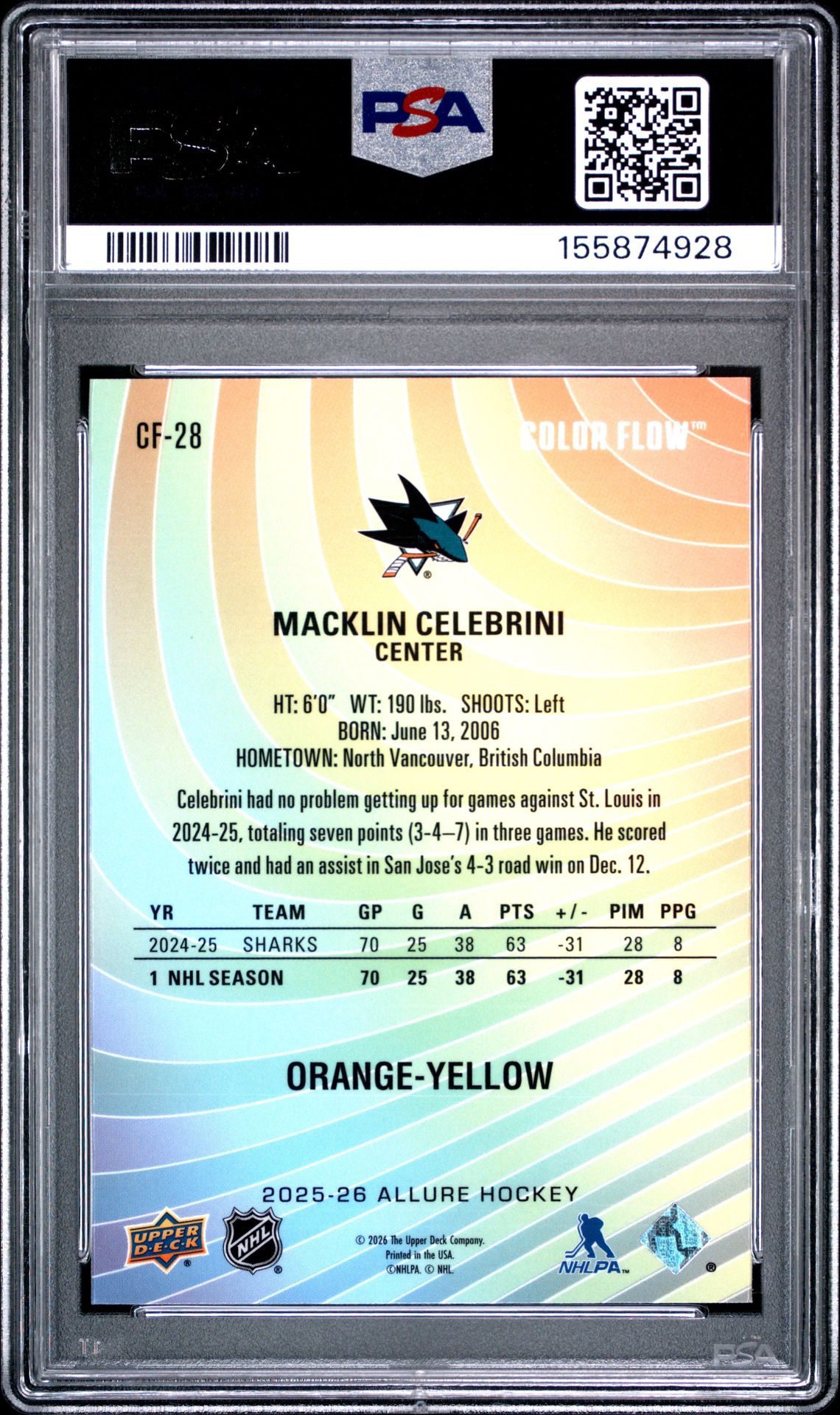 2025 Upper Deck Allure Color Flow Macklin Celebrini #Cf-28 (Color Flow-Orange-Yellow) Gem Mt 10 back view - PSA certificate #155874928