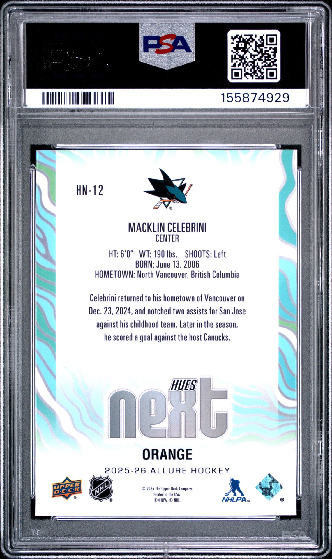 2025 Upper Deck Allure Hues Next Macklin Celebrini #Hn-12 (Hues Next-Orange) Nm-Mt 8 back