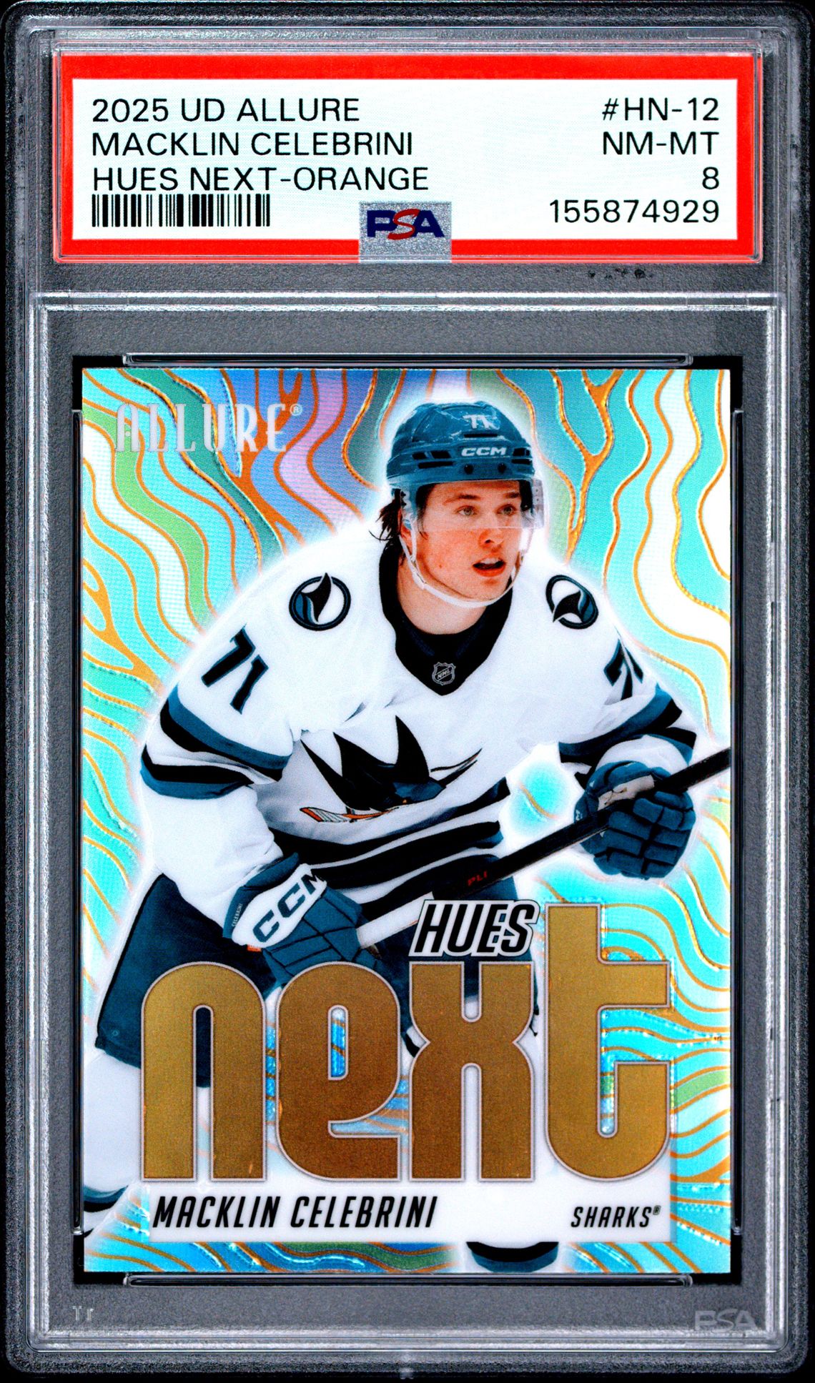 2025 Upper Deck Allure Hues Next Macklin Celebrini #Hn-12 (Hues Next-Orange) Nm-Mt 8 front