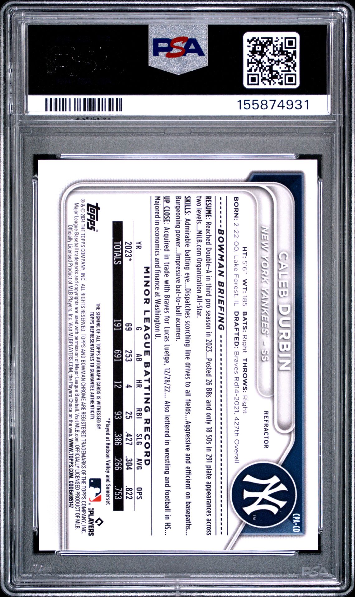 2024 Bowman Chrome Prospect Autographs Caleb Durbin #Cpacd (Prospect Auto-Refractor) Gem Mt 10 back